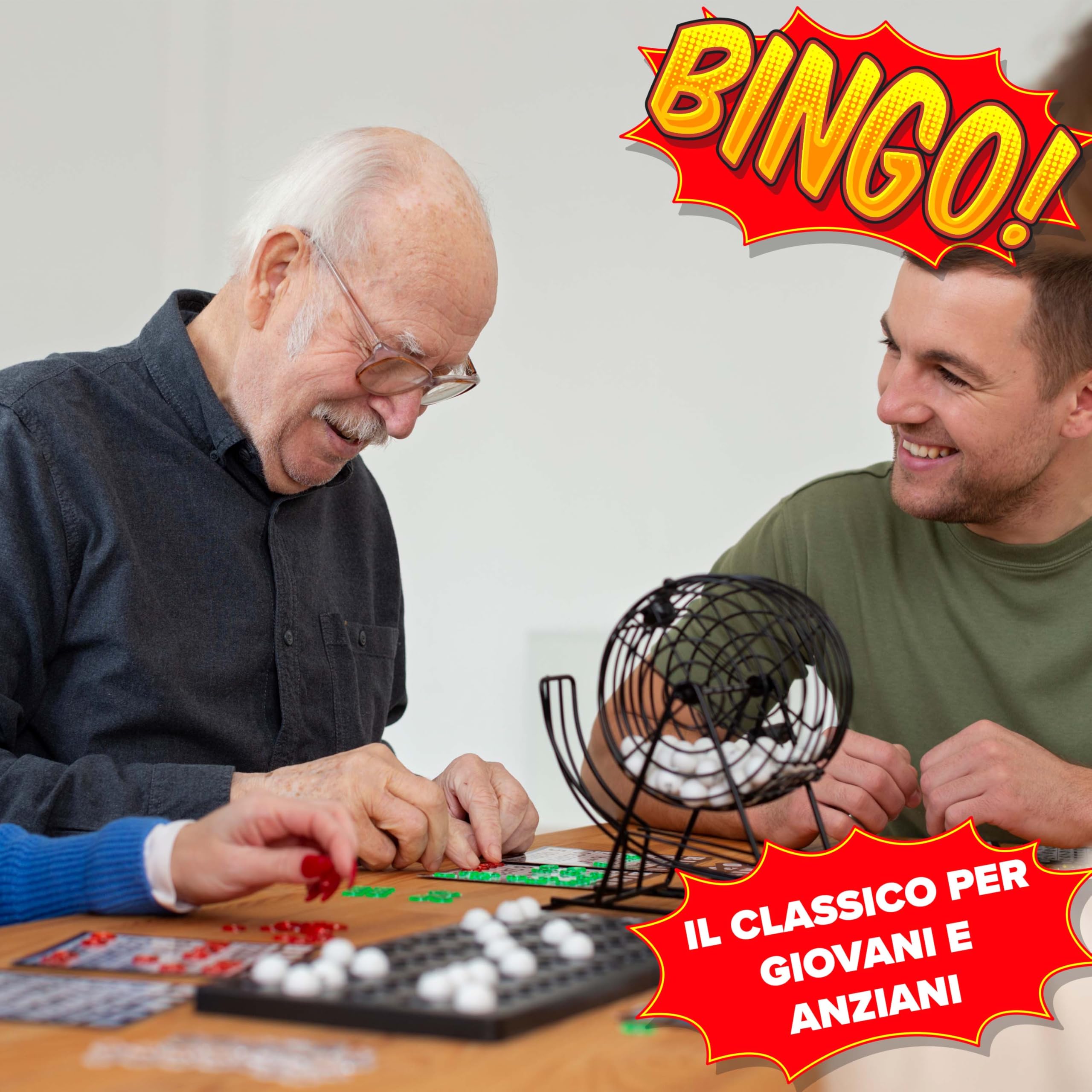 Kyto Grande gioco del bingo dorato in metallo con 150 gettoni, 75 palline e tabellone in legno, 18 cartelle di tombola rigide + extra 500 cartelle in carta, per adulti e bambini