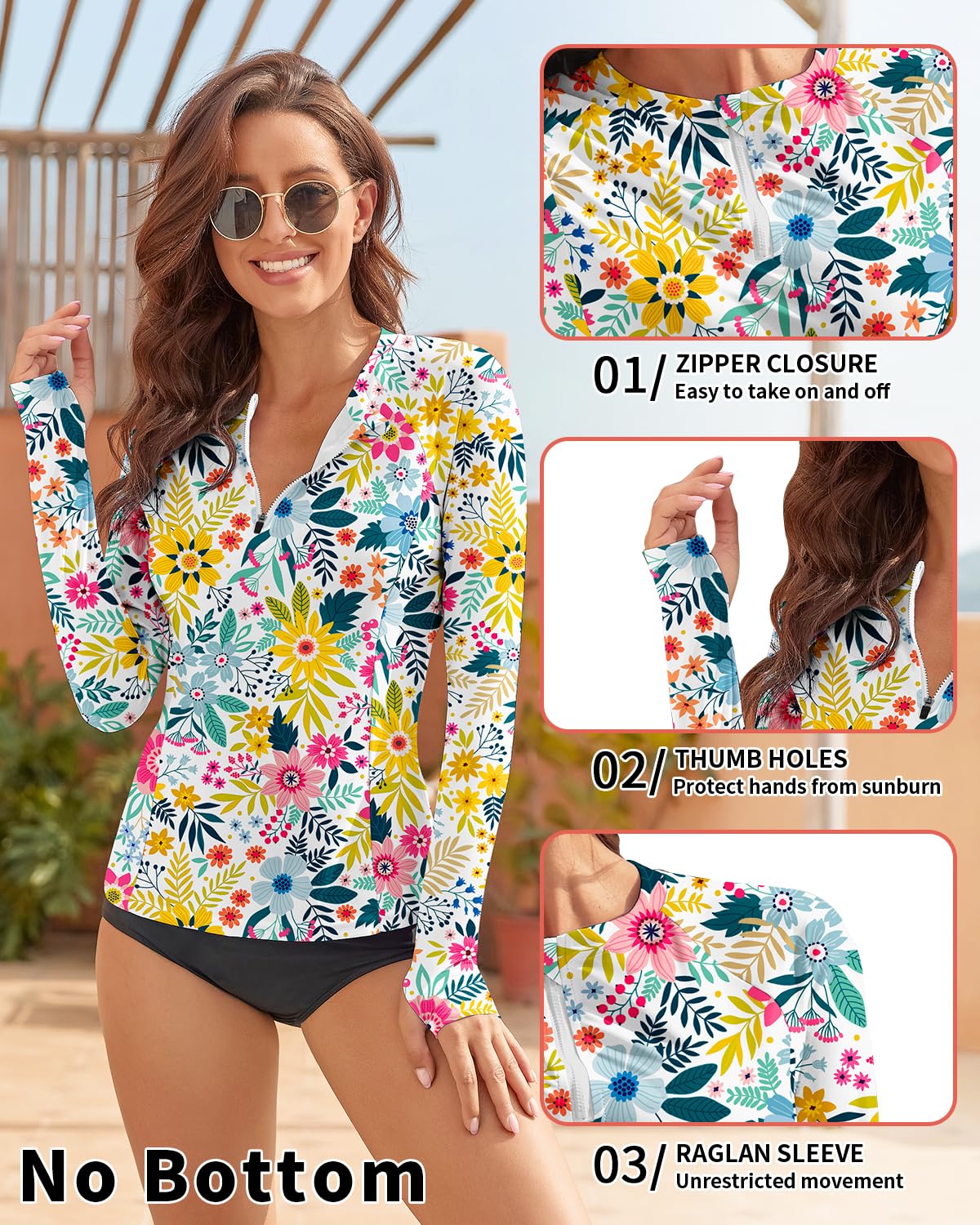 WOWENY Camiseta de natación de Manga Larga para Mujer, con Cremallera 1/4, protección Solar, Traje de baño, Camiseta de Surf, Camiseta de Playa, Chaleco de natación