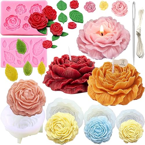 8 moldes de peonía de cuatro tamaños grande + mediano + pequeño + extra pequeño + molde de silicona para hojas de peonía, molde de rosa con aguja