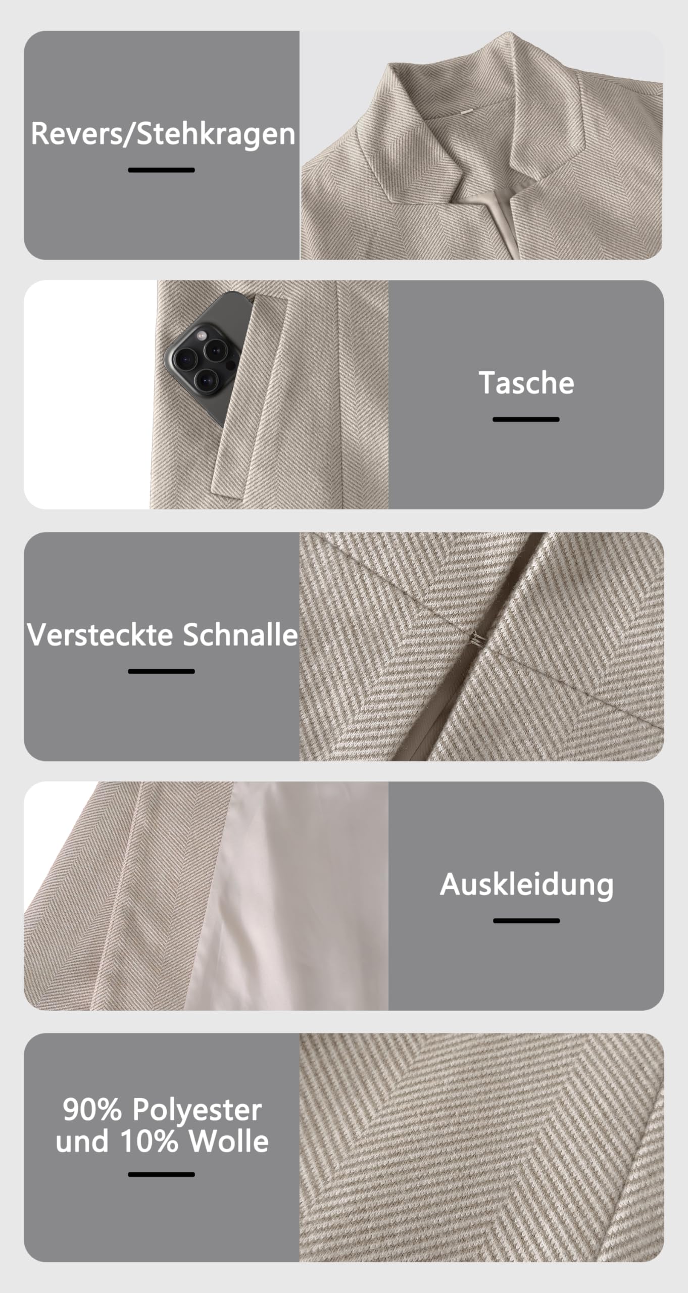 Jhsnjnr Damen Offen Vorne Elegant Blazer Langarm Stehkragen Wärmen Long Sakko Mantel Business Tweed Anzug Jacke