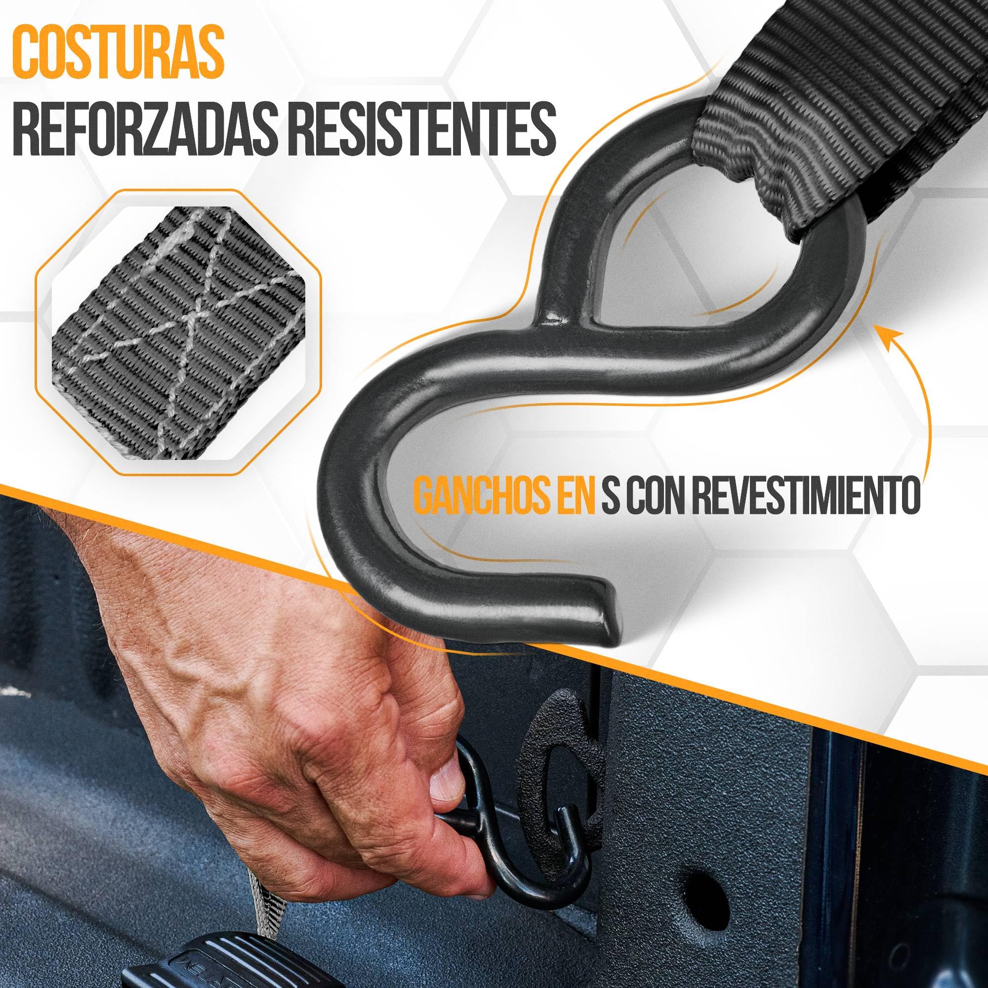 FORTEM Set de Correas de Amarre con Tensor de Trinquete, Resistencia 249 kg de Carga, 748 kg al Rompimiento, 4 Ganchos de Acero Plastificado, 4 Correas de 4.5m, 4 Hebillas (Negro)