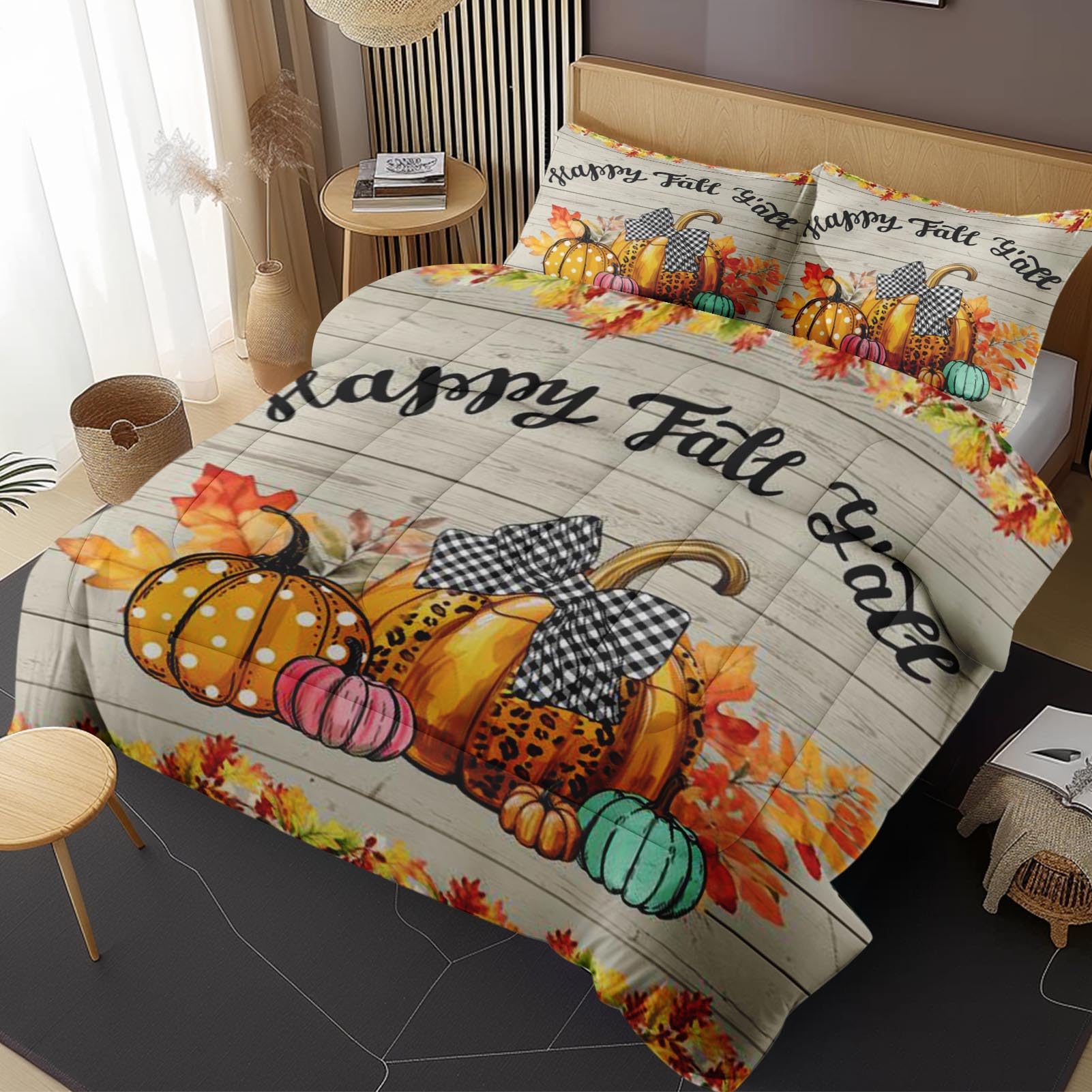 Nesphy Fall Autumn Pumpkin Queen Comforter Set, Leaves Wooden Bedding Set 3 Piece, All Season Soft Toddlers Children Adults Bedroom Bed Decoration Comforter and 2 Pillow Shams