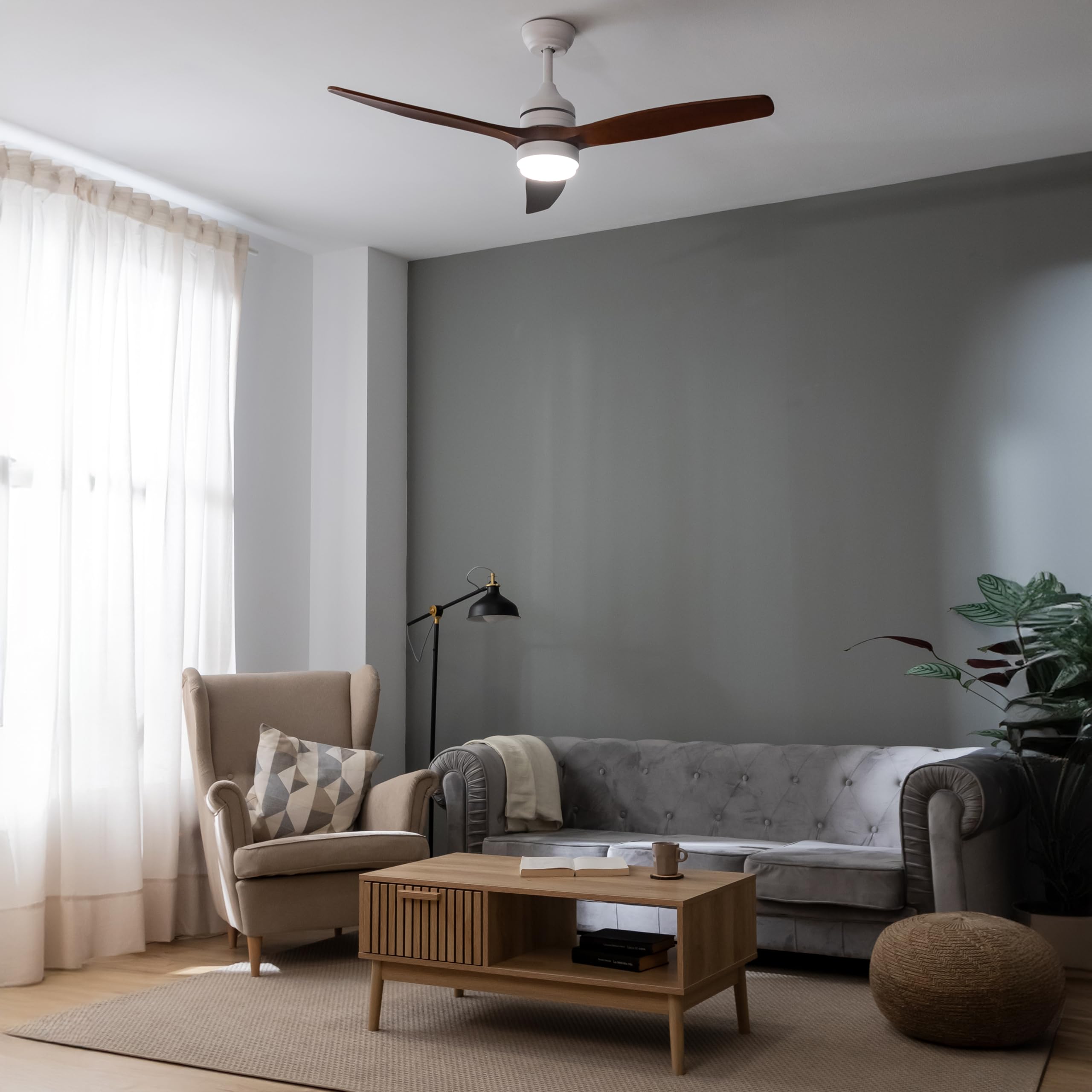 Cecotec - Ventilatori da Soffitto EnergySilence Aero 5275 White&BlackWood - 40 W, Diametro 132 cm, Lampada a LED, Telecomando, Timer 8 Ore, 6 Velocità, Estate/Inverno, Altezza Regolabile