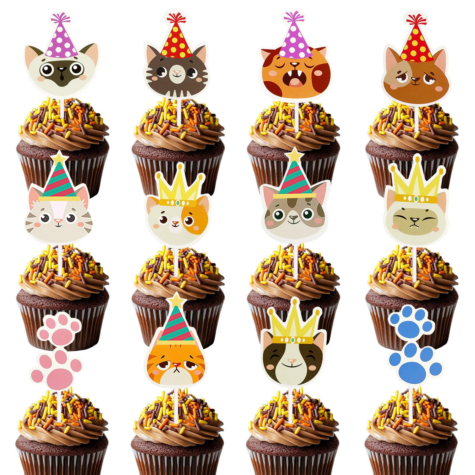 Silars Katzen Tortendeko Geburtstag, 24 Stücke Kuchen Deko Katze Katzen Geburtstagsparty Kinder, Muffin Topper Katze für Katzenliebhaber Kätzchen Thema Babyparty Kinder Geburtstag