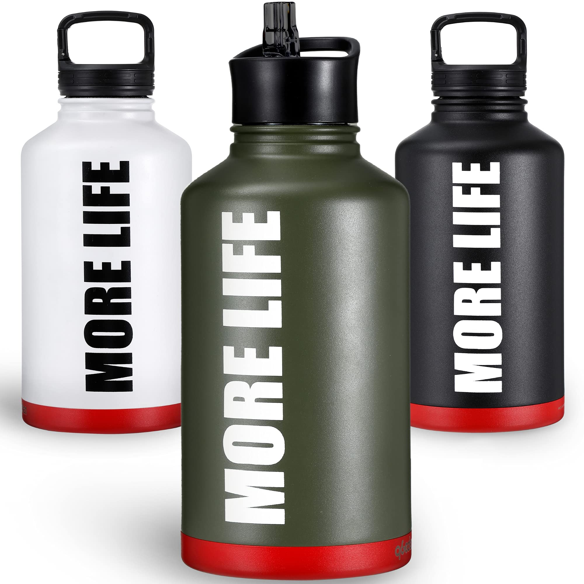 MORE LIFE Gym Water Bottle - Stainless Steel - 2 litres - Cold 48HRS & HOT 24HRS - Metal Vacuum Insulated Water Bottle - BPA Free - Fitness Drinks Bottle - 2 Lids, Straw & Shoulder Strap - Army Green