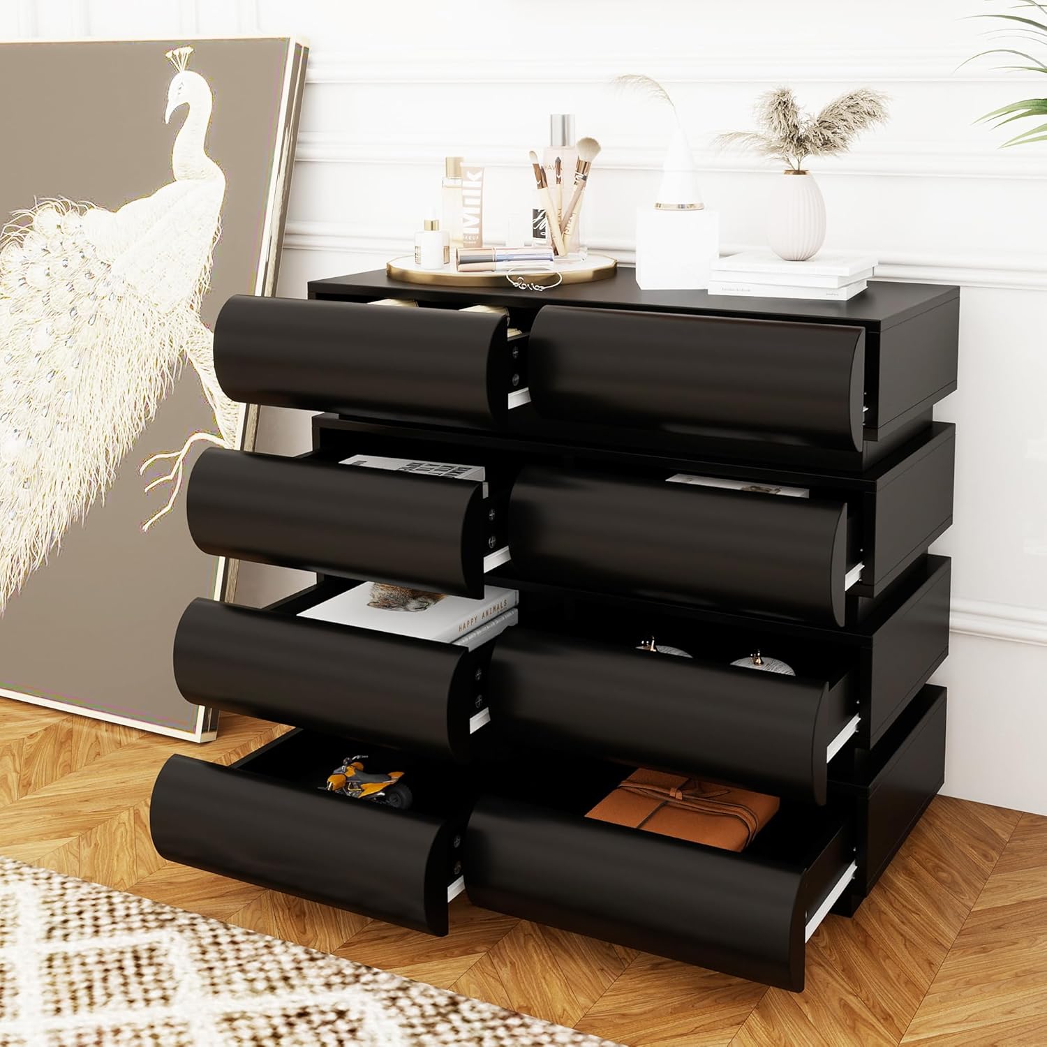 Dresser with multiple drawers open, showing storage capacity