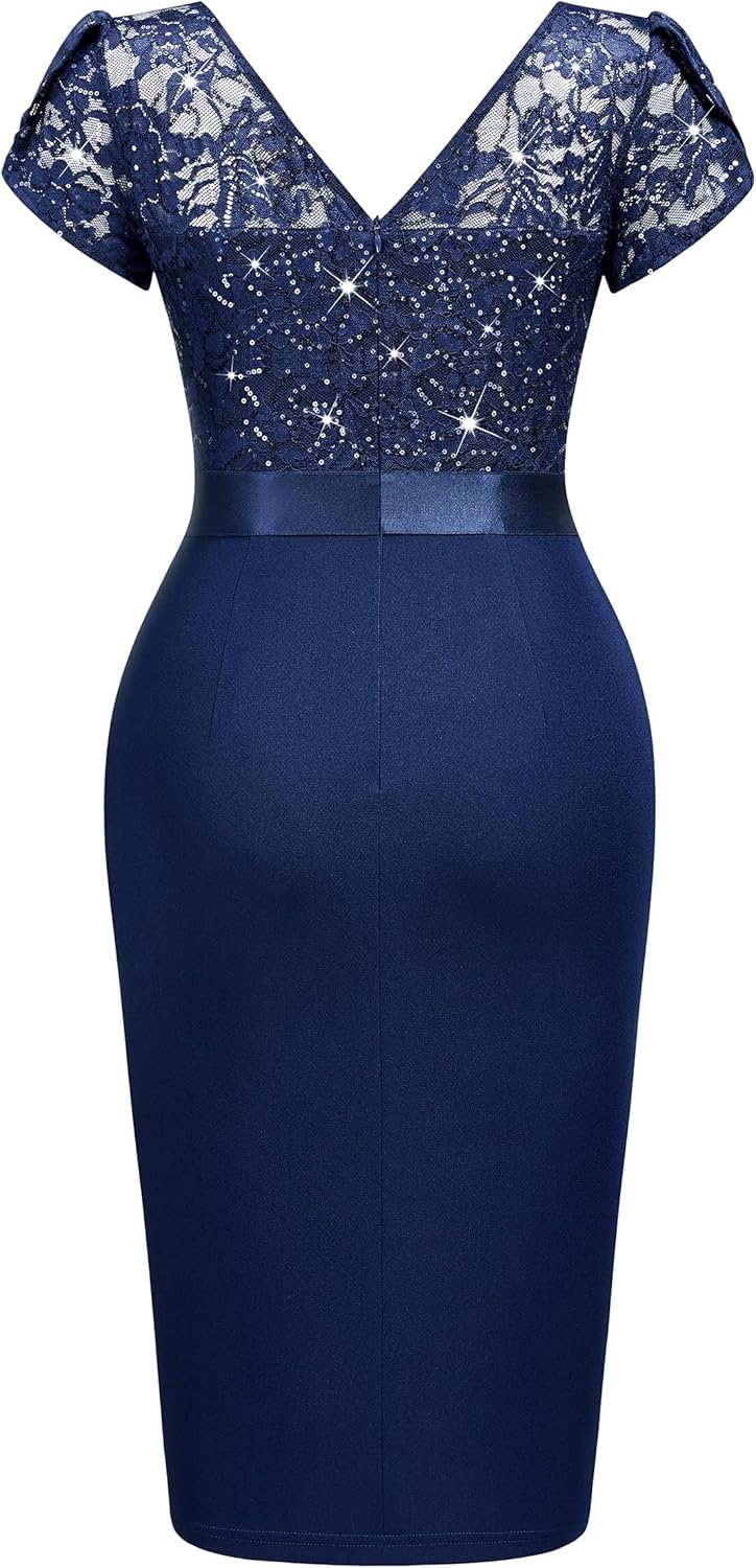 Miusol Women's Classy V-Neck Glitter Sequin Lace Cap Sleeve Cocktail Party Dress - Image 6