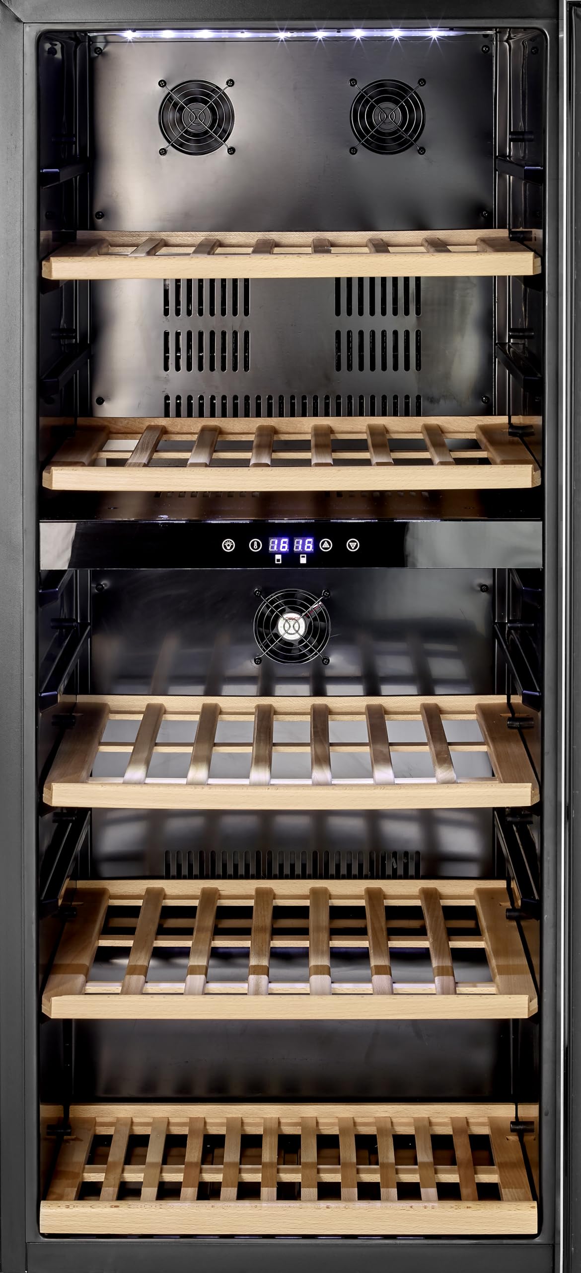METRO Professional Cantinetta Vino Refrigerata GWC3091 | Acciaio Inox, Doppia Zona di Temperatura, 54 x 54 x 123.5 cm, 5 Ripiani in Legno, Termostato Touch e Luci a LED, da 5 a 22 °C (91 Bottiglie)
