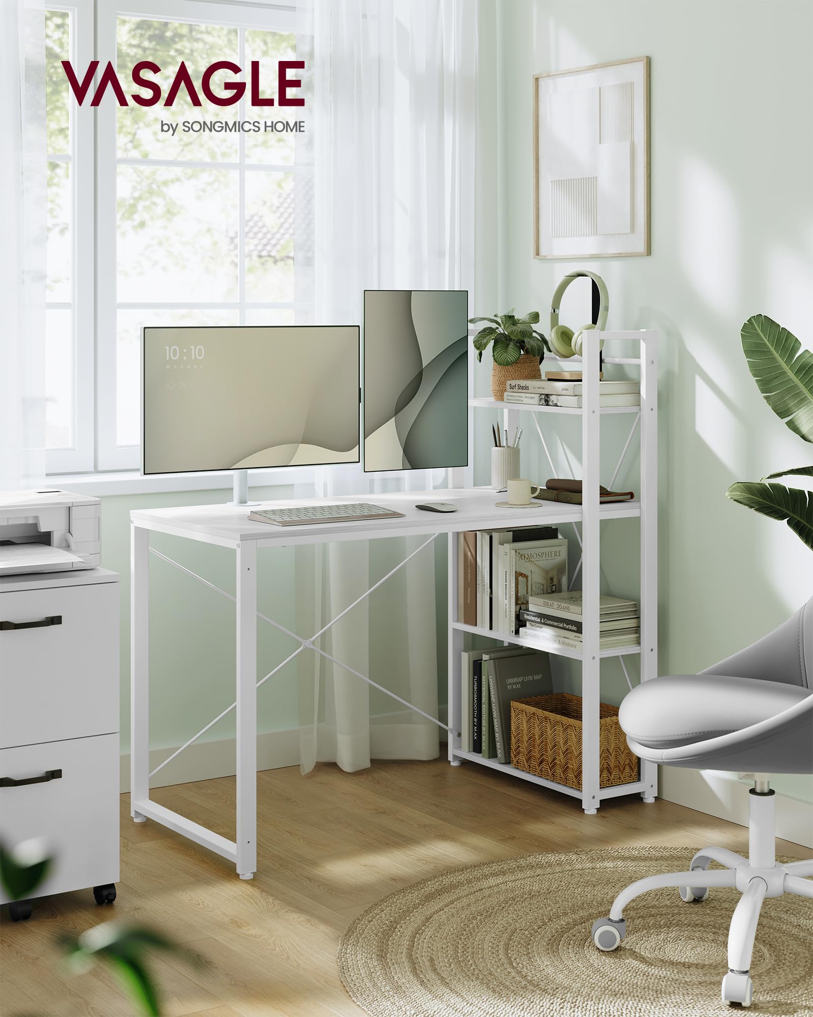 VASAGLE Scrivania con ripiani reversibili a sinistra o a destra, lunghezza 120 cm, tavolo da computer, per ufficio a casa, montaggio semplice, bianco acero LWD048W44