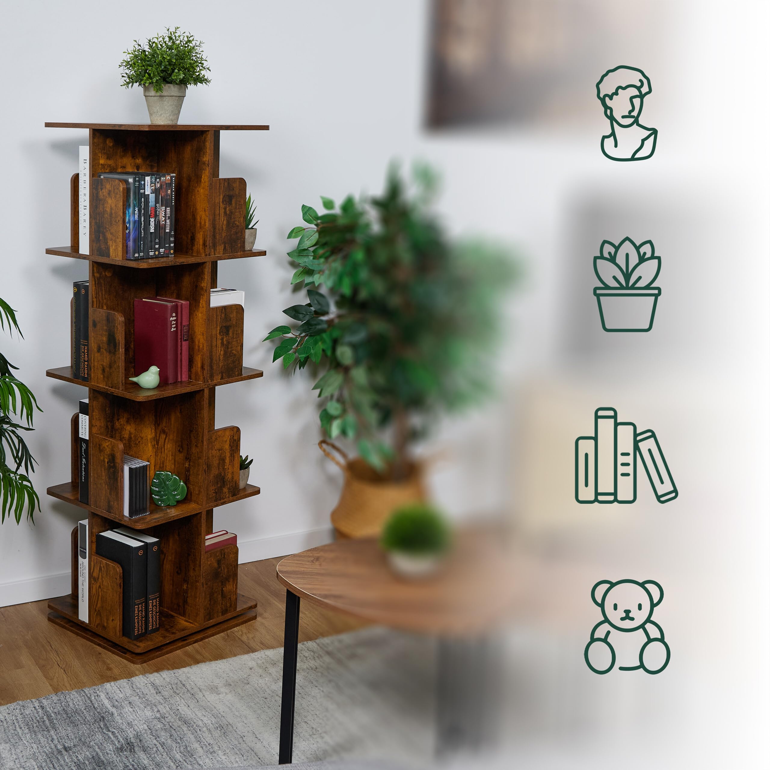 Relaxdays Libreria Girevole, 4 Ripiani 125,5x39x39 cm, Scaffale Industriale Porta Libri, CD, Dvd, Torre Rotante, Marrone
