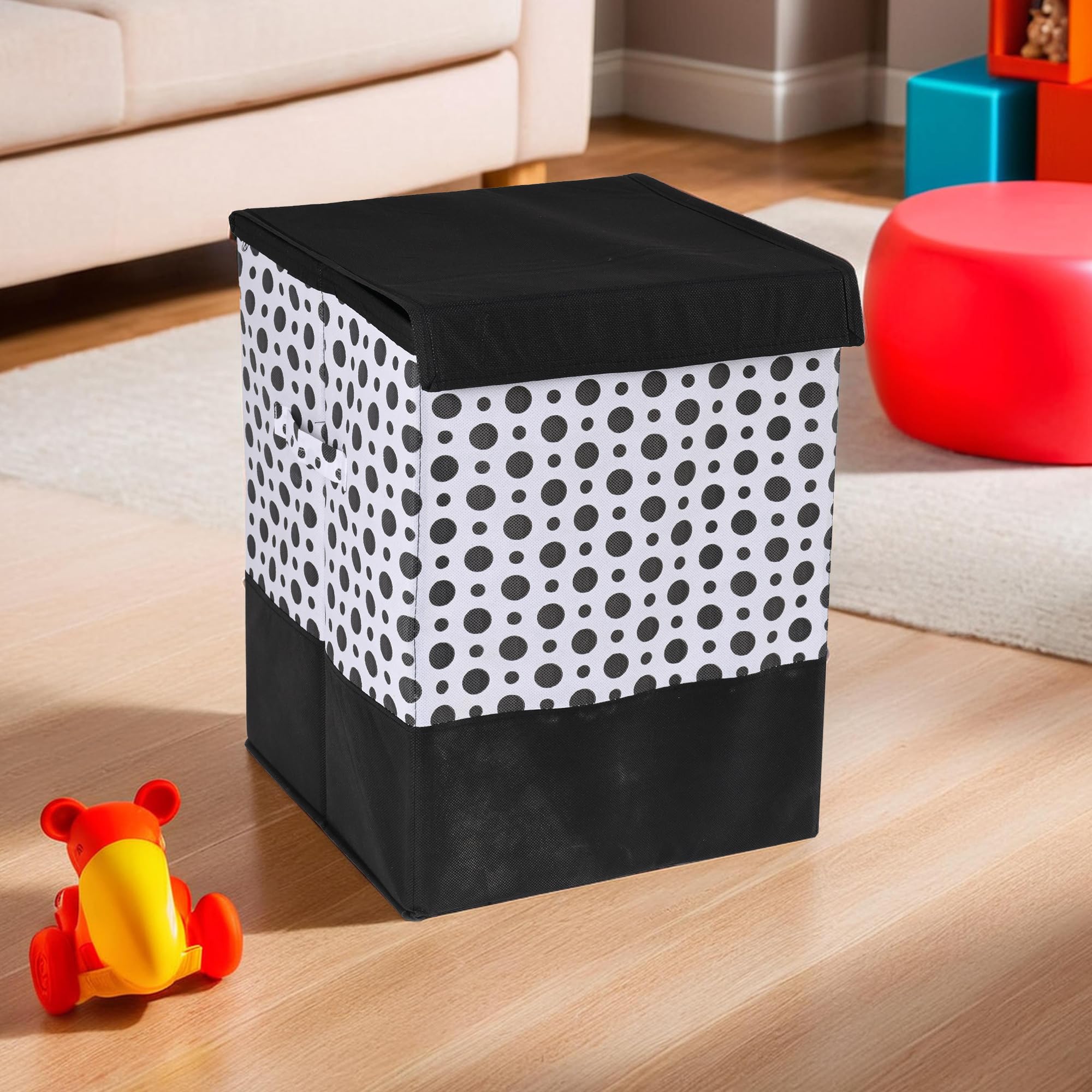 Kuber Industries Organisers Storage Box With Lid | Toy Storage Basket & Container for Baby Clothes and Dress | Polka Dots - Black & White