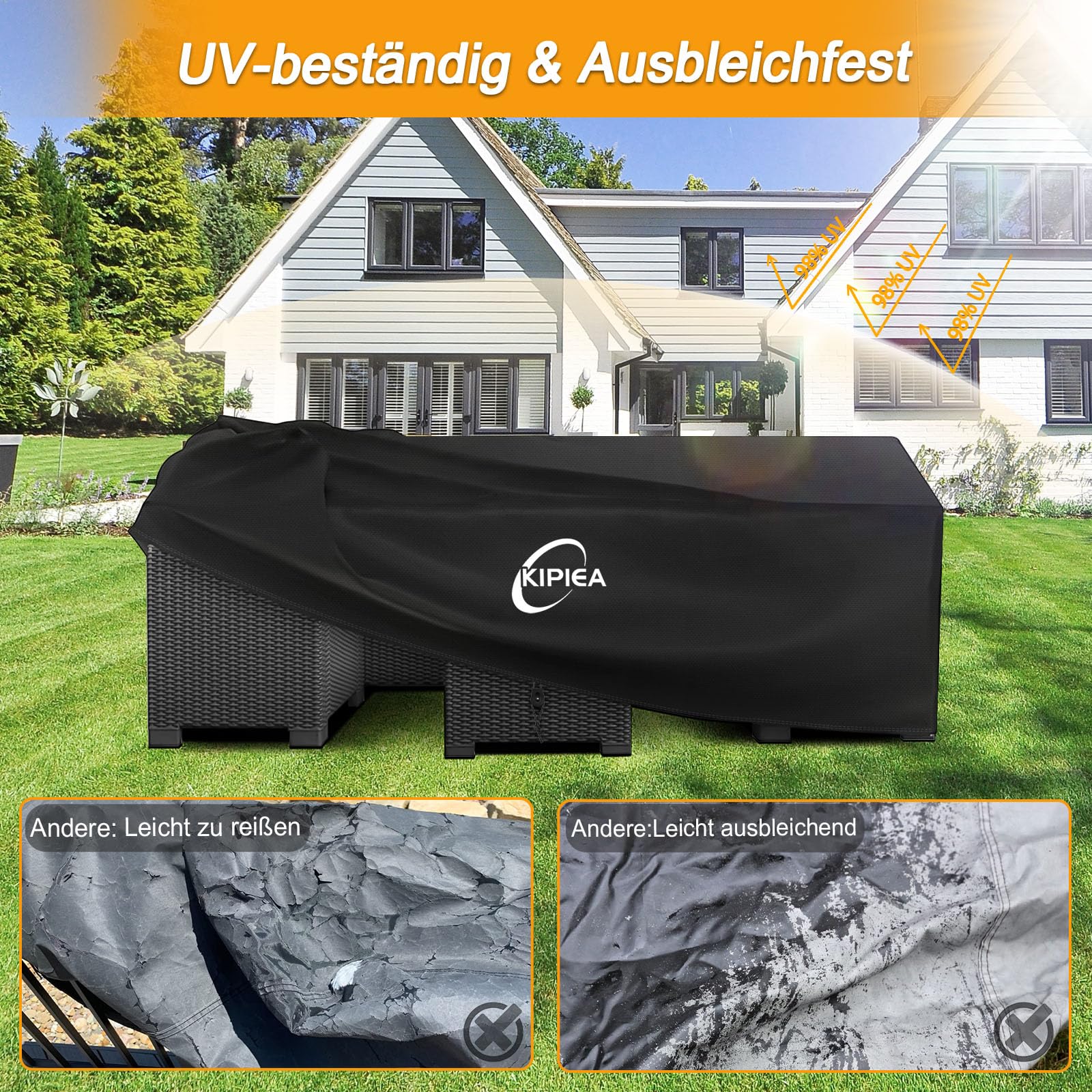 Kipiea Gartenmöbel Abdeckung Wasserdichte, Rechteckig Abdeckplane Gartenmöbel Schutzhülle Winterfest, 420D Oxford Gewebe Terrassenmöbel Abdeckung Anti-UV für Gartentische, Loungemöbel 242x162x100cm