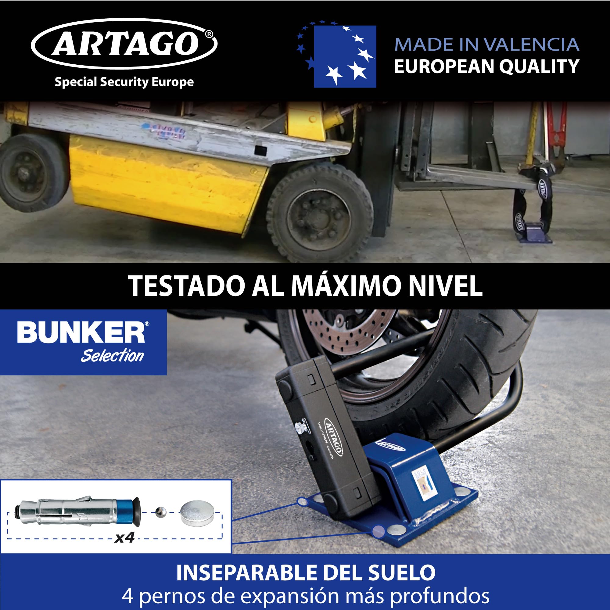 ARTAGO 61 Anclaje Seguridad Alta Gama, El Anclaje Antirrobo Moto Homologado Sold Secure Más Seguro, N1 Test Comparativo, Doble Puente Acero 6+6, Tacos Exclusivos Blindados, Suelo Pared Garaje Parking