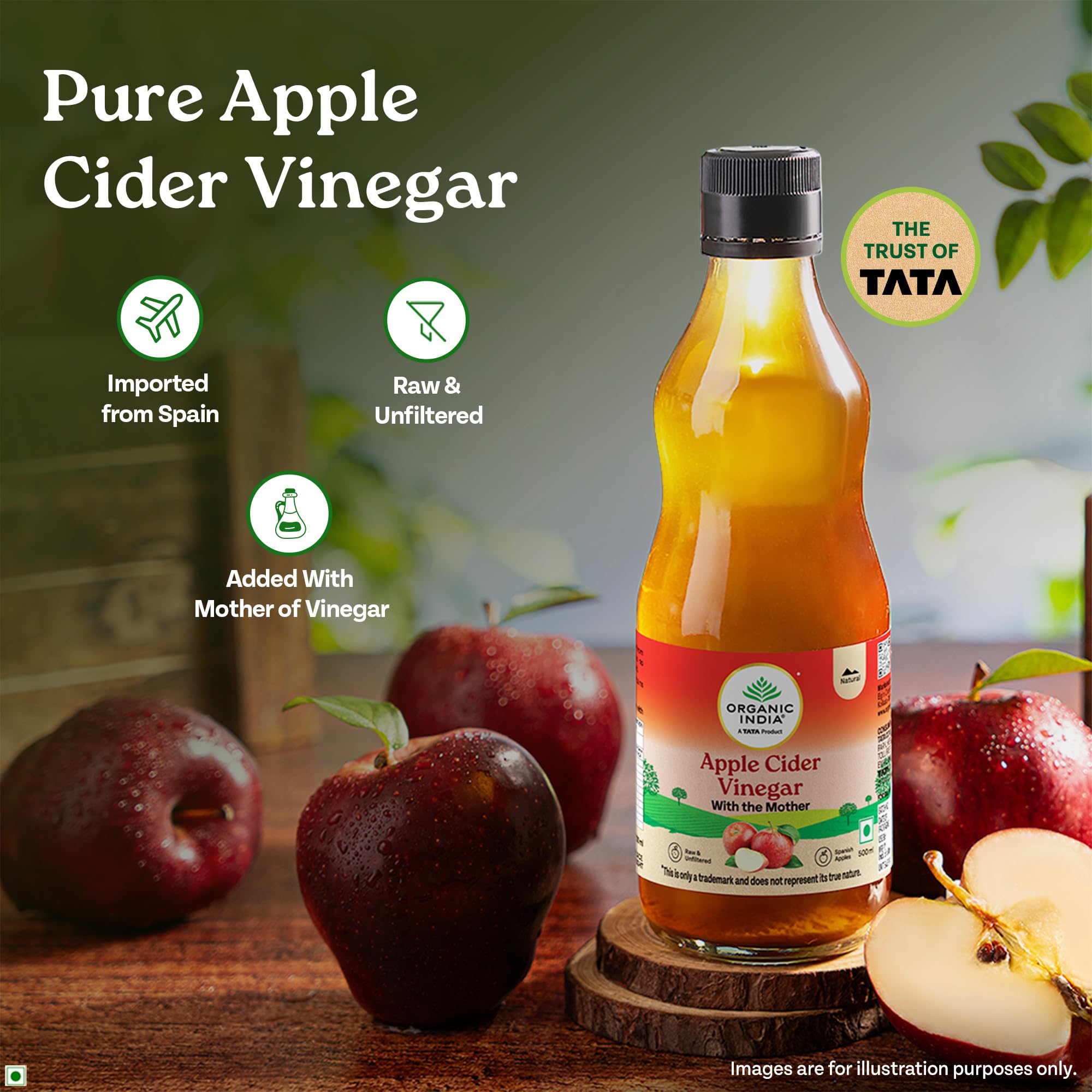 Organic India Apple Cider Vinegar with Mother of Vinegar, 500ml | Raw and Unfiltered ACV | Lab tested on 250+ Parameters | Made from Spanish Apples | Imported from Spain 1