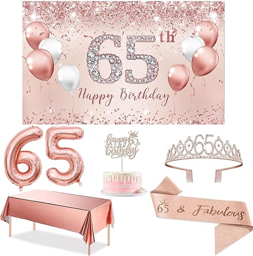 Trgowaul Juego de decoración de fiesta de cumpleaños 65 para mujer, pancarta y mantel de cumpleaños número 65 en oro rosa, banda y tiara fabulosas,