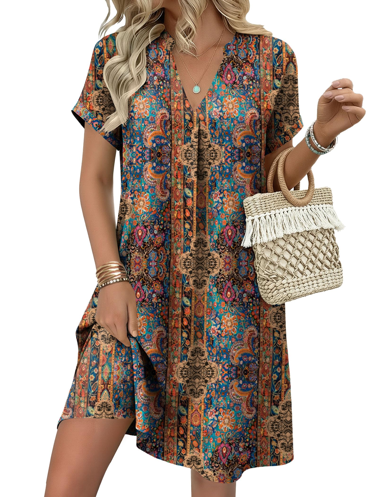 Zeagoo Summer Dresses for Women Short Sleeve Shift Dress V Neck Casual Mini Beach Vacation Boho Sundress with