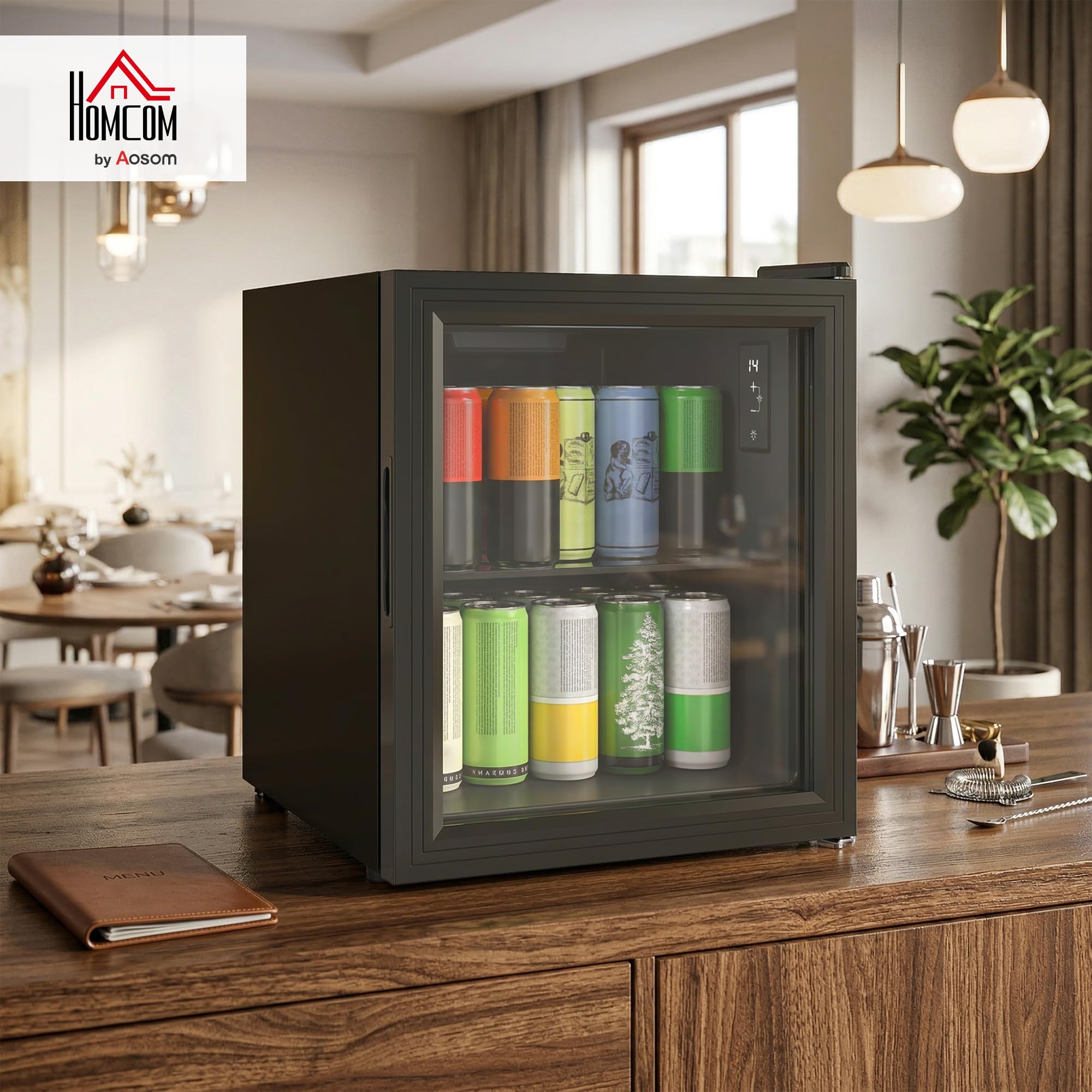HOMCOM Mini Frigo per Bevande 46L 59 Lattine, Frigorifero Piccolo da Tavolo e Camera Silenzioso, 0-20℃, Porta in Vetro, Ripiano, Display Touch, Classe D, Luci LED, per Birra, Cucina, Ufficio, Nero