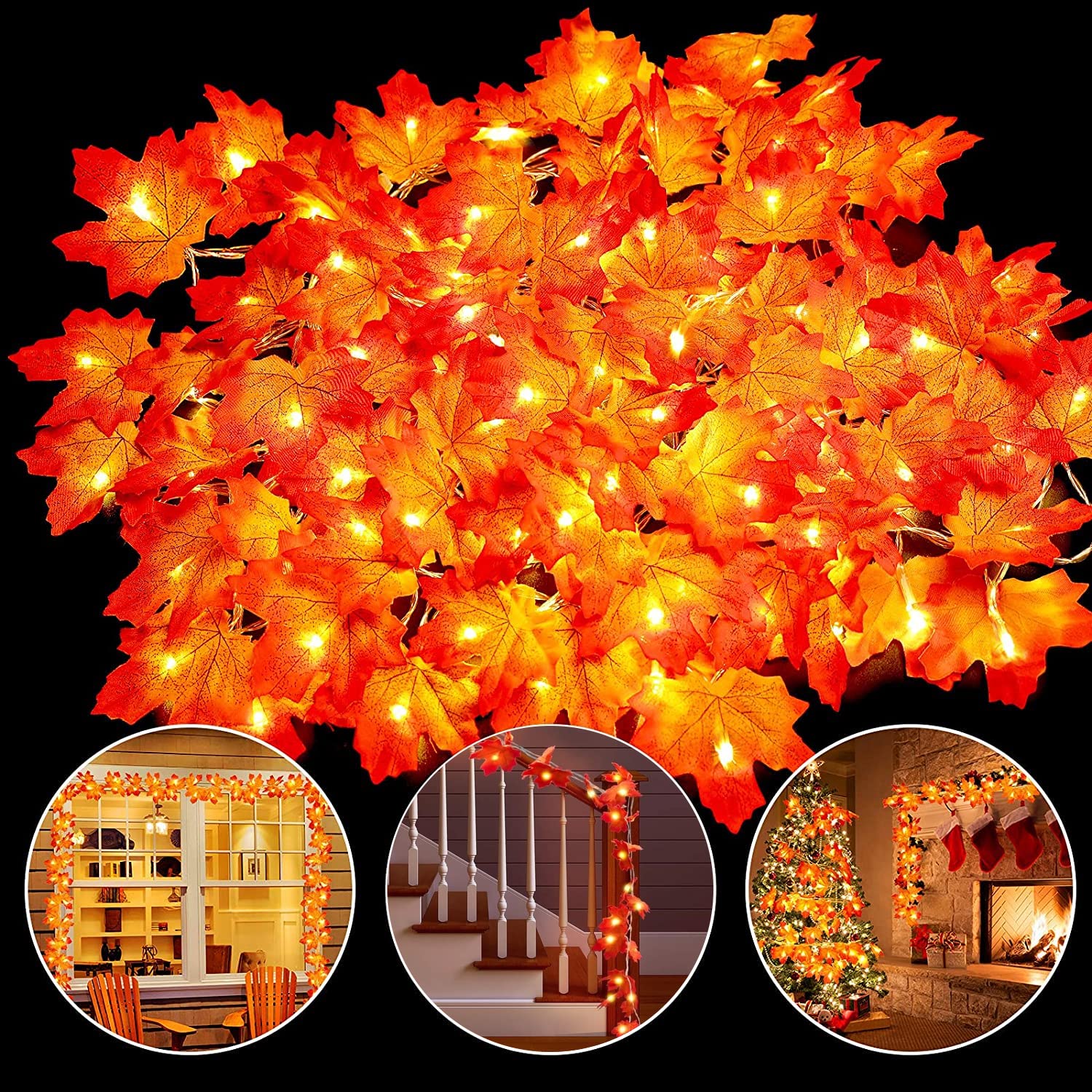 YEGUO 2 PCS Thanksgiving Decorations for Home, Thanksgiving Lights Battery Operated, Total 20ft 40 LED Lighted Fall Garland Maple Leaves for Halloween Holiday Autumn Harvest Fall Thanksgiving Decor