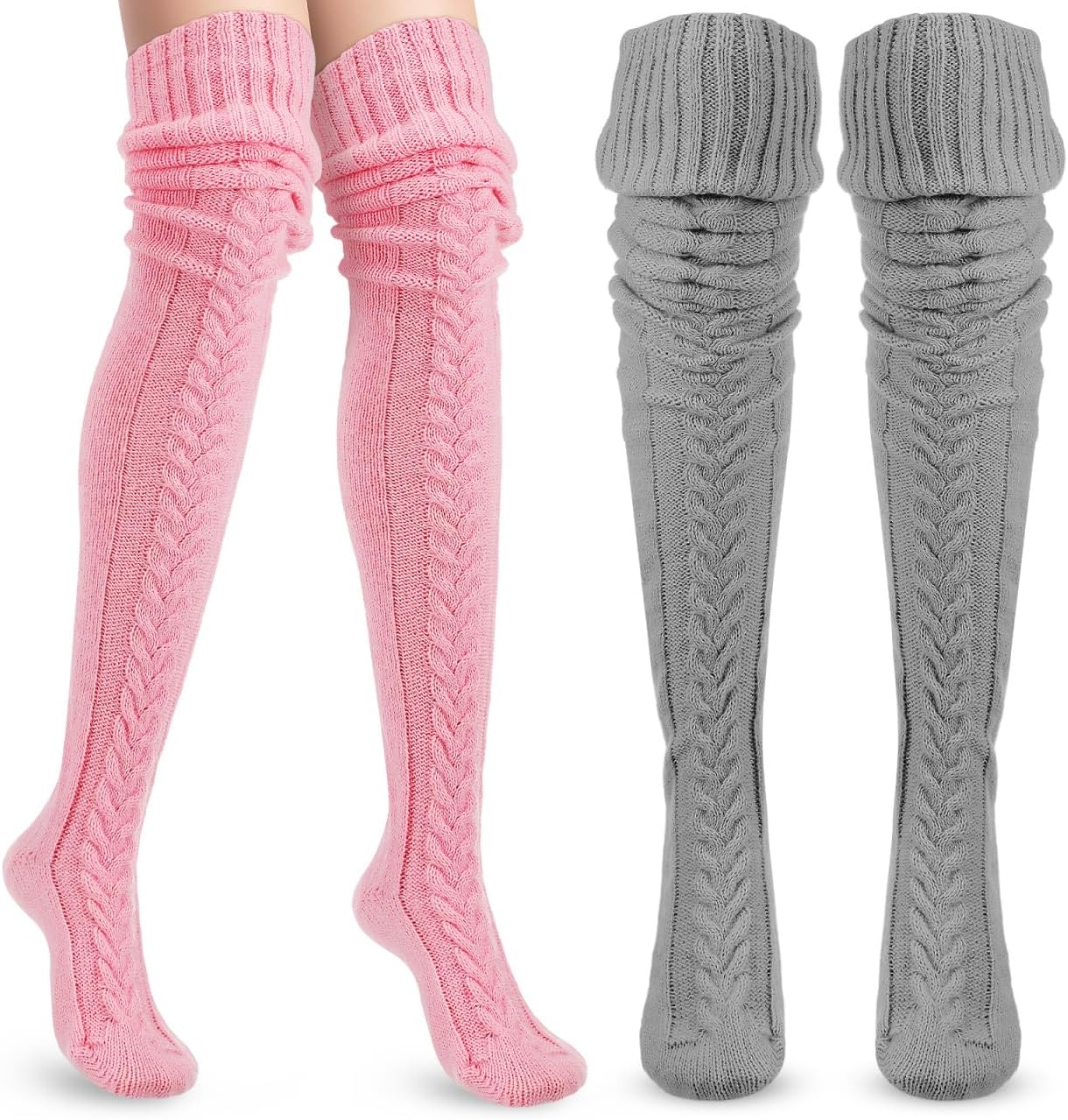 Holibanna 2 Pairs Thigh High Socks Cable Knitted Thigh High Boot Socks Over Knee Leg Warmers Fluffy Winter Stockings for Women Pink+Grey, One Size