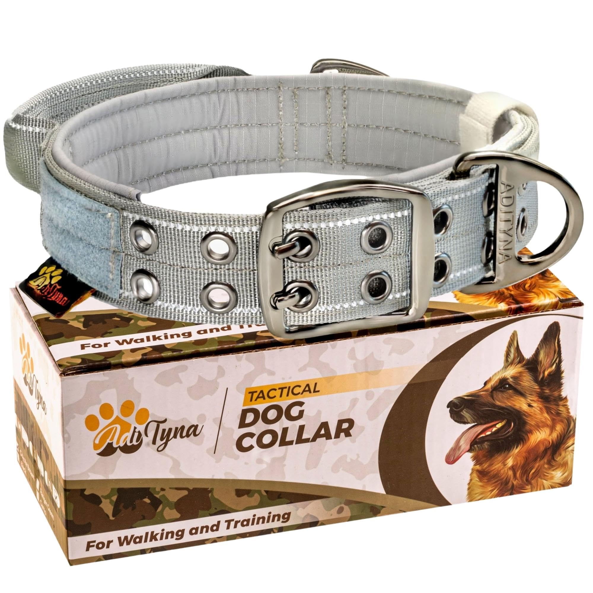 ADITYNA Heavy Duty Dog Collar with Handle - Reflective Gray Dog Collar for Extra-Large Dogs - Wide, Thick, Tactical, Soft Padded (Extra-Large: Fit 24-30" Neck, Gray)