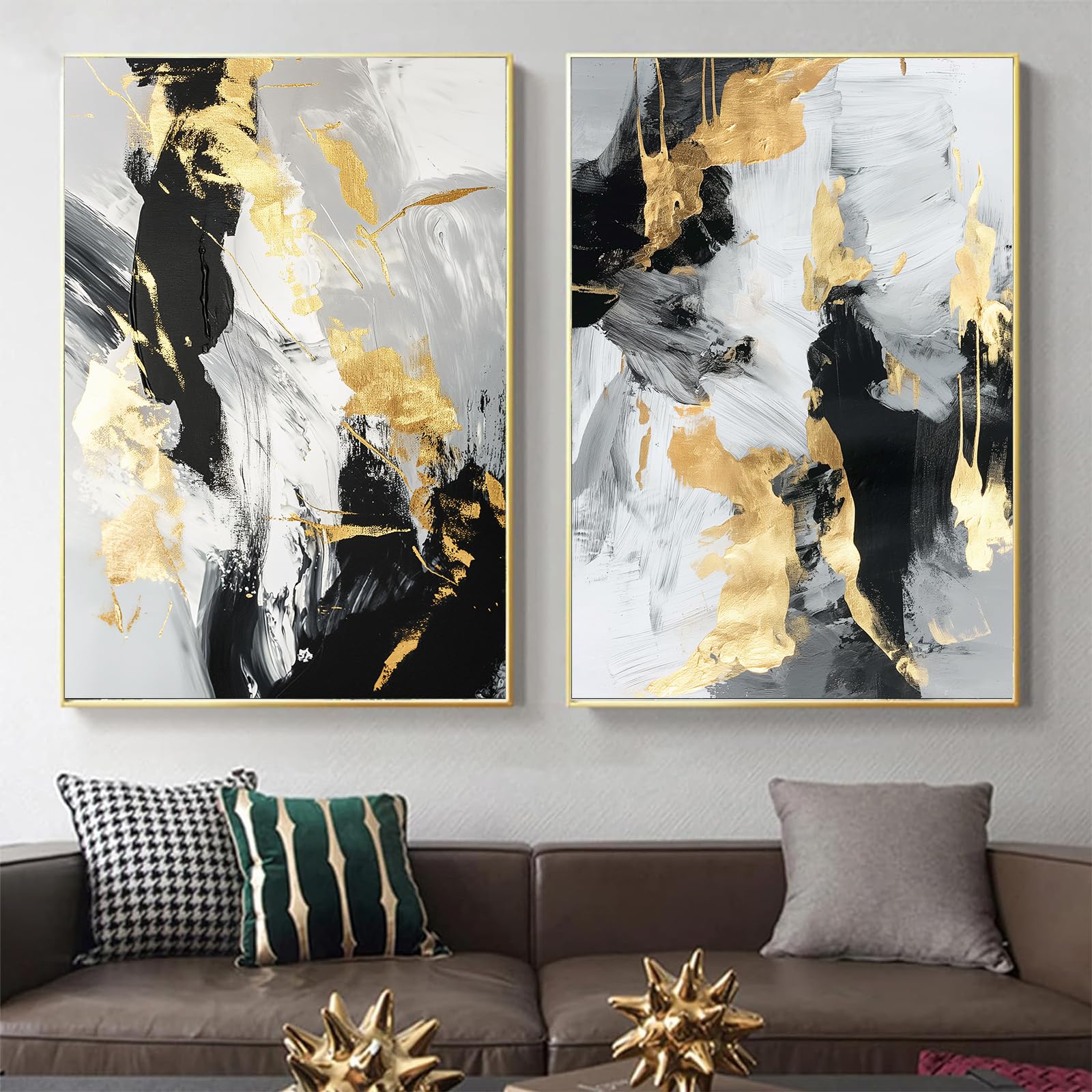Amazon.com: 黑白金抽象牆藝術現代抽象畫黑色金色白色灰色牆壁