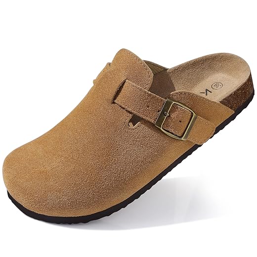 KIDMI Women's Genuine Suede Clogs Cork Footbed Sandals Leather Mules Potato Shoes with Arch Support
