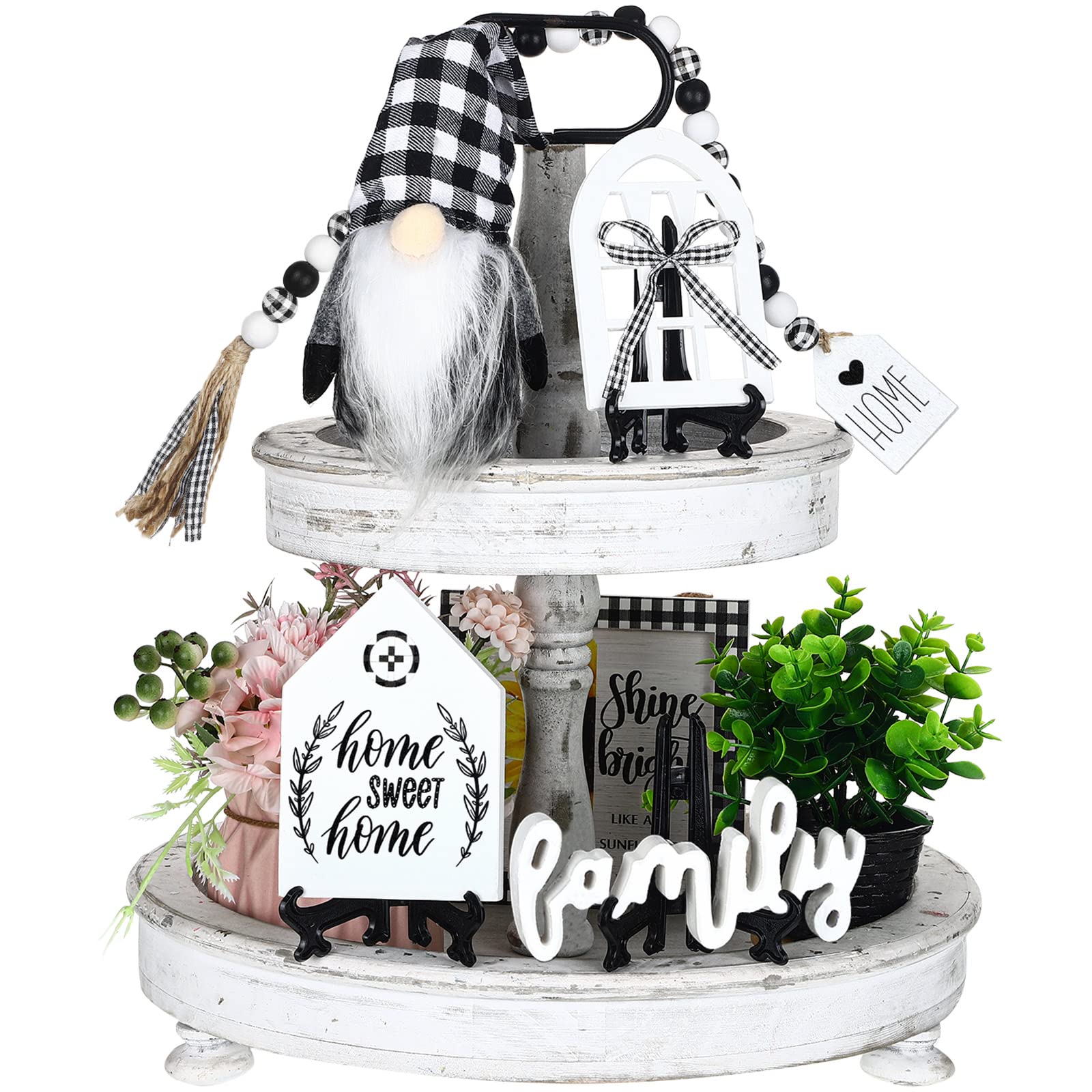 Bucherry 10 Pcs Farmhouse Tiered Tray Decor Farmhouse Kitchen Gnome Wood Tiered Tray Decor with String Lights Mini Rustic Table Ornaments Kitchen Shelf(Classic Style)