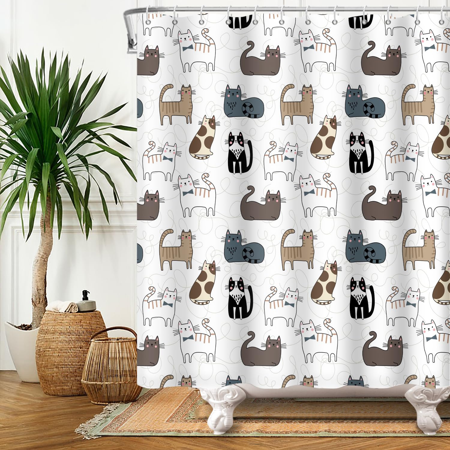 SDOTPMT 140x180cm Cute Funny Animal Shower Curtain Cartoon Playing Cats Pattern White Bath Curtain Modern Classic Bathtub Curtain for Boys Girls Bathroom Decor Polyester with Hooks - Image 2