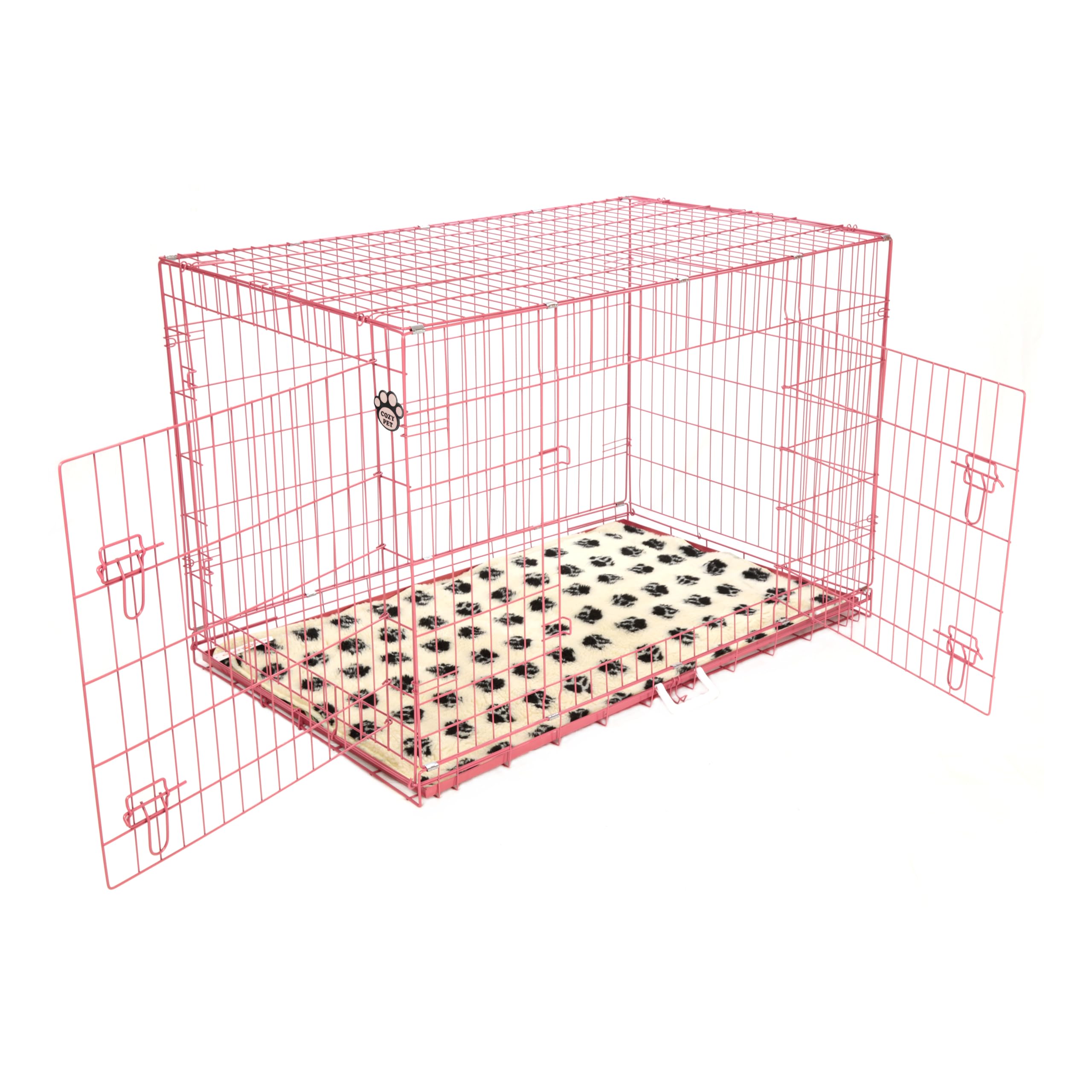 Cozy Pet Dog Cage 48 Inch 122cm Puppy Crate in Pink with Easy-to-Clean Removable ABS Tray 2 Lockable Doors and Vet Bed Model DCP48P + VB48C