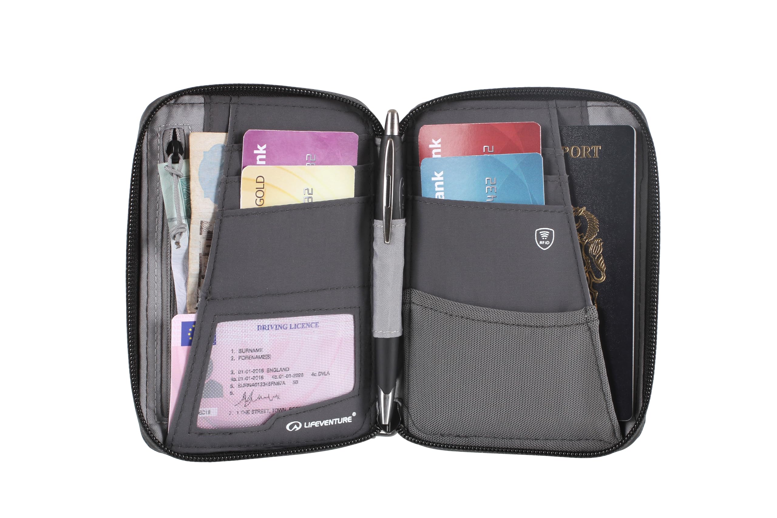 Lifeventure Mini portfel podróżny z ochroną RFID – składany portfel z zamkiem błyskawicznym i etui na paszport do podróży, przyjazny dla środowiska, materiał nadający się do recyklingu (szary)