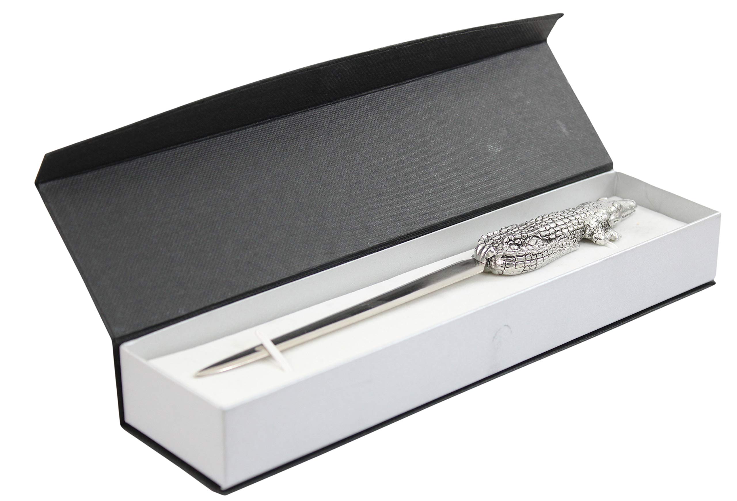 Cavagnini, Eleganter Brieföffner aus Stahl und Zinn, inklusive Geschenkbox (Krokodil)
