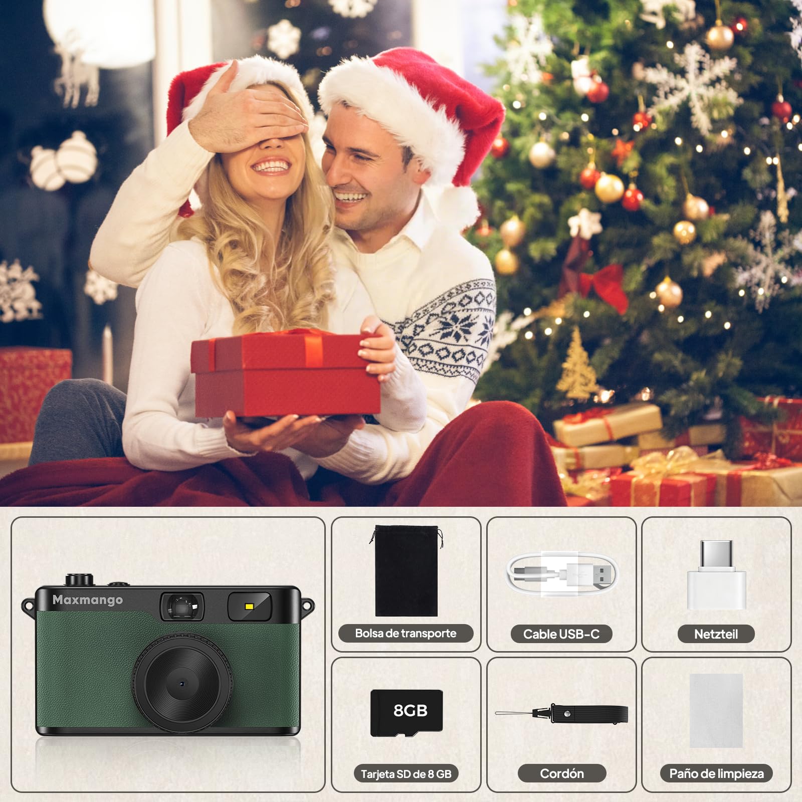 Maxmango D53 Camara Vintage Digital sin Pantalla, Cámara Retro 12 MP para Capturar Momentos Reales, Filtros DIY Descargables, Transferencia USB-C, Tarjeta SD de 8 GB Incluida (Verde)