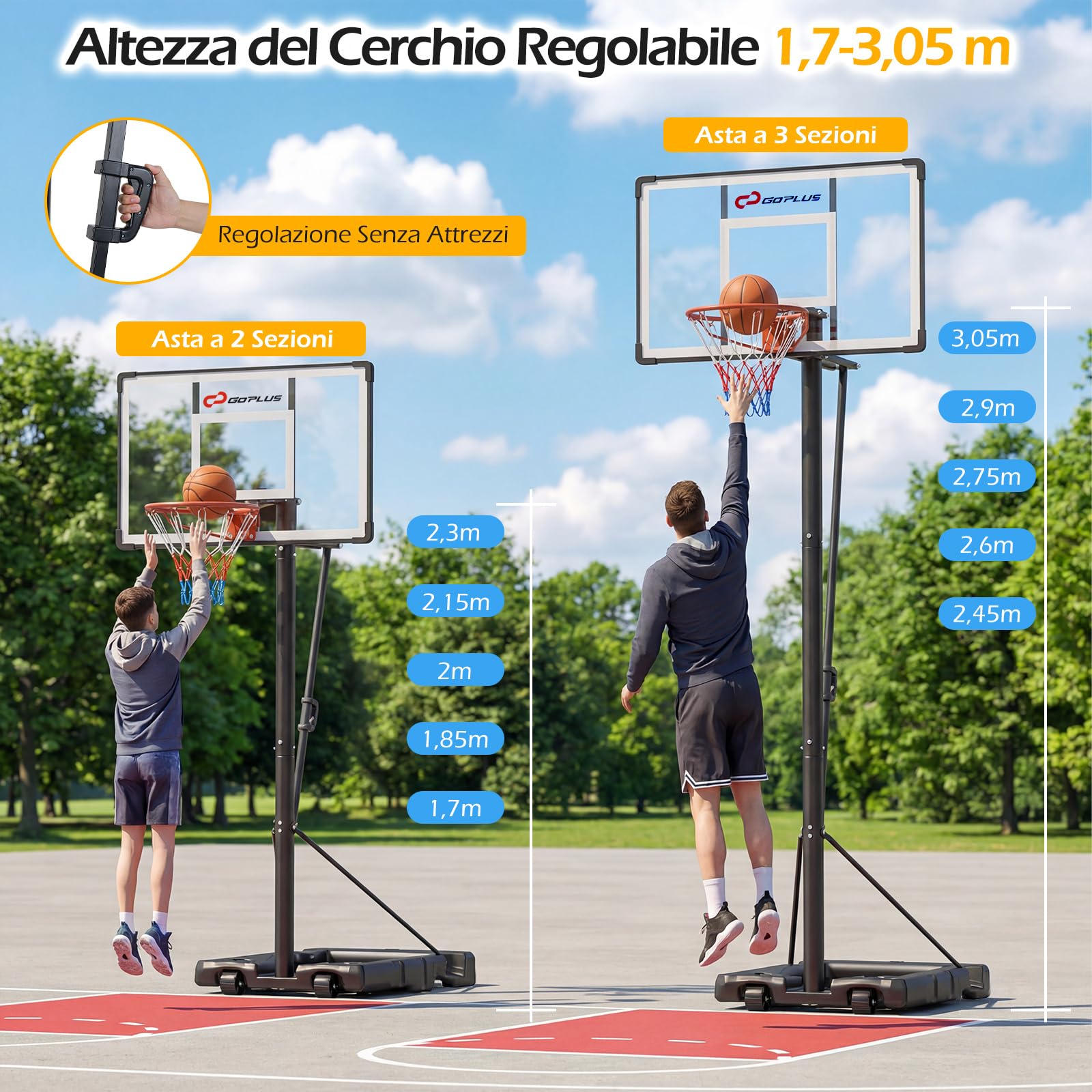 COSTWAY Canestro da Basket per Esterno e Interno, Portatile, Altezza Regolabile 226-361 cm, con Base Riempibile, Tabellone Infrangibile, Ruote, per Principianti, Professionisti, Adulti, Bambini