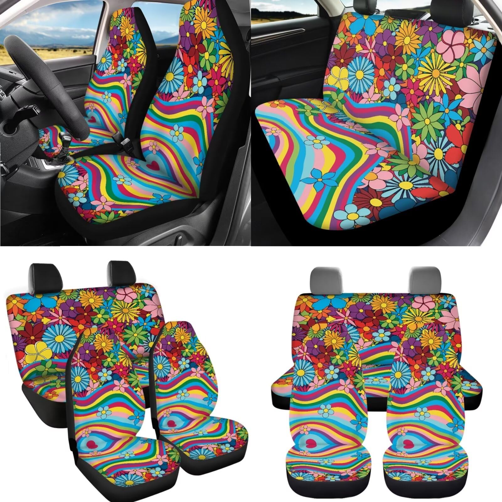 Juego completo de fundas para asientos de coche 70S Floral, juego de 10 con estampado de ondas arcoíris hippie, funda para volante, bolsa de basura