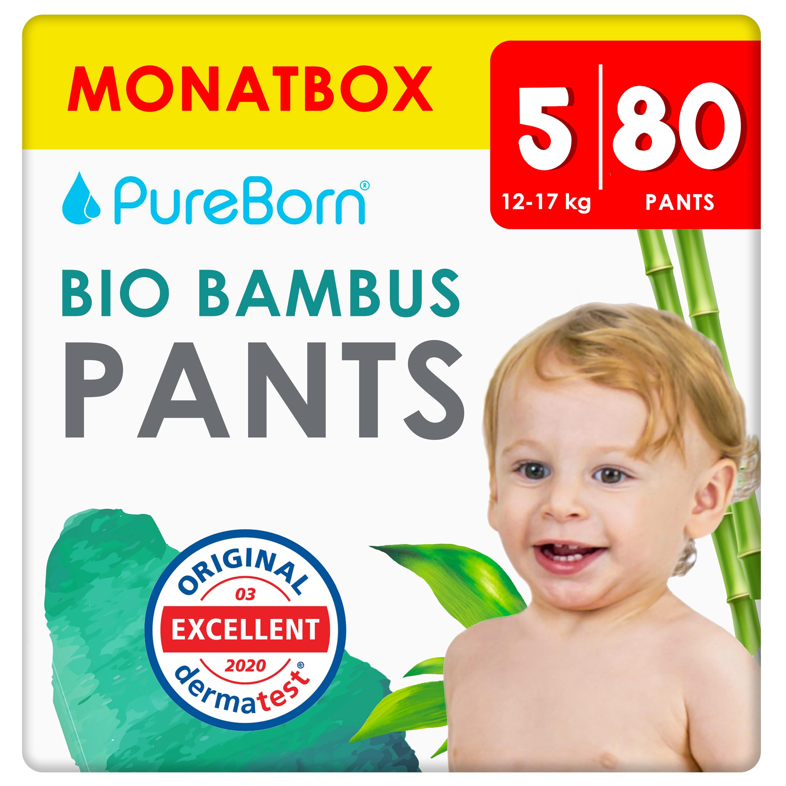 PureBorn 80 Windelhöschen Größe 5 (12-17 kg), Ultra-Saugfähig, Hypoallergen, Weich & Sanft für Babys, Dermatologisch Getestet, Auslaufsicher, Umweltfreundlich aus Bambus