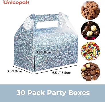 UnicoPak 30 Pack Glitter Sequin Party Food Boxes Iridescent Party Bags Boxes for Sweets Treats Lunch Goodie Cookie Toys for Kids Birthday, 16.5x9x9 cm
