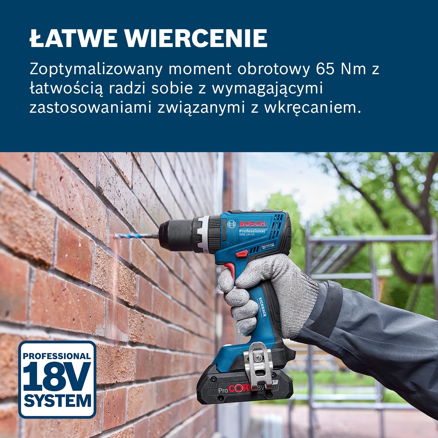 Bosch Professional 18 V firmy Bosch: wiertarko-wkrętarka akumulatorowa GSB 18V-65 silnik bezszczotkowy, długość korpusu 175 mm, 2x GBA 4.0Ah, 82-cz. zestaw osprzętu, walizka L-Case