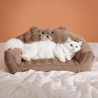 Lesure Cute Cat Couch Bear Design - Fluffy Faux Fur Pet Sofa Bed with Washable Cover, Supportive 24" Chair for Indoor Cats, Brown
