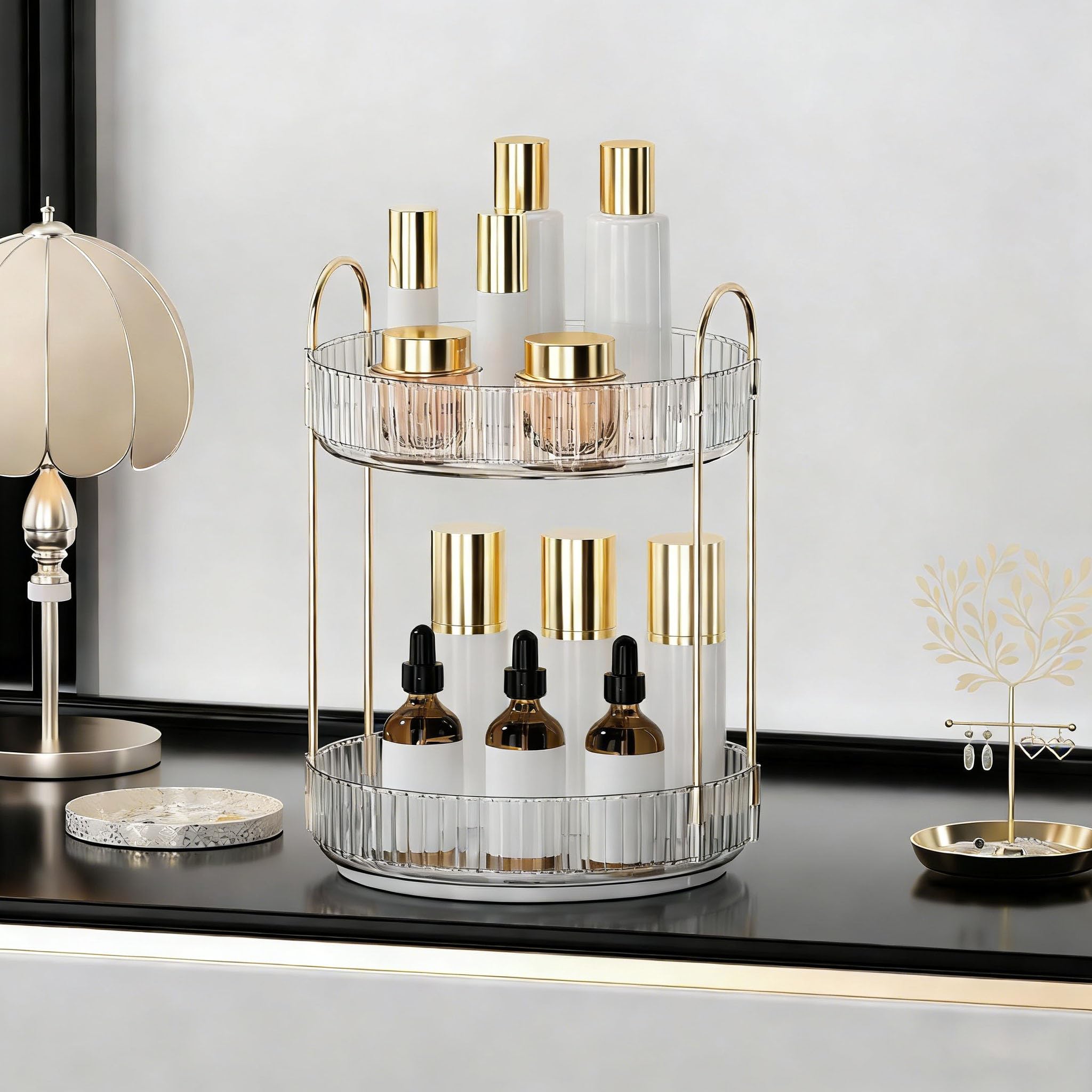 Organizzatore di Trucco Rotante a 360°, Porta Trucchi Organizzatore Grande Capacità,Organizzatore di Profumi,Organizer Trucchi Multifunzione per Toeletta,Camera da Letto,2 Livello Trasparente