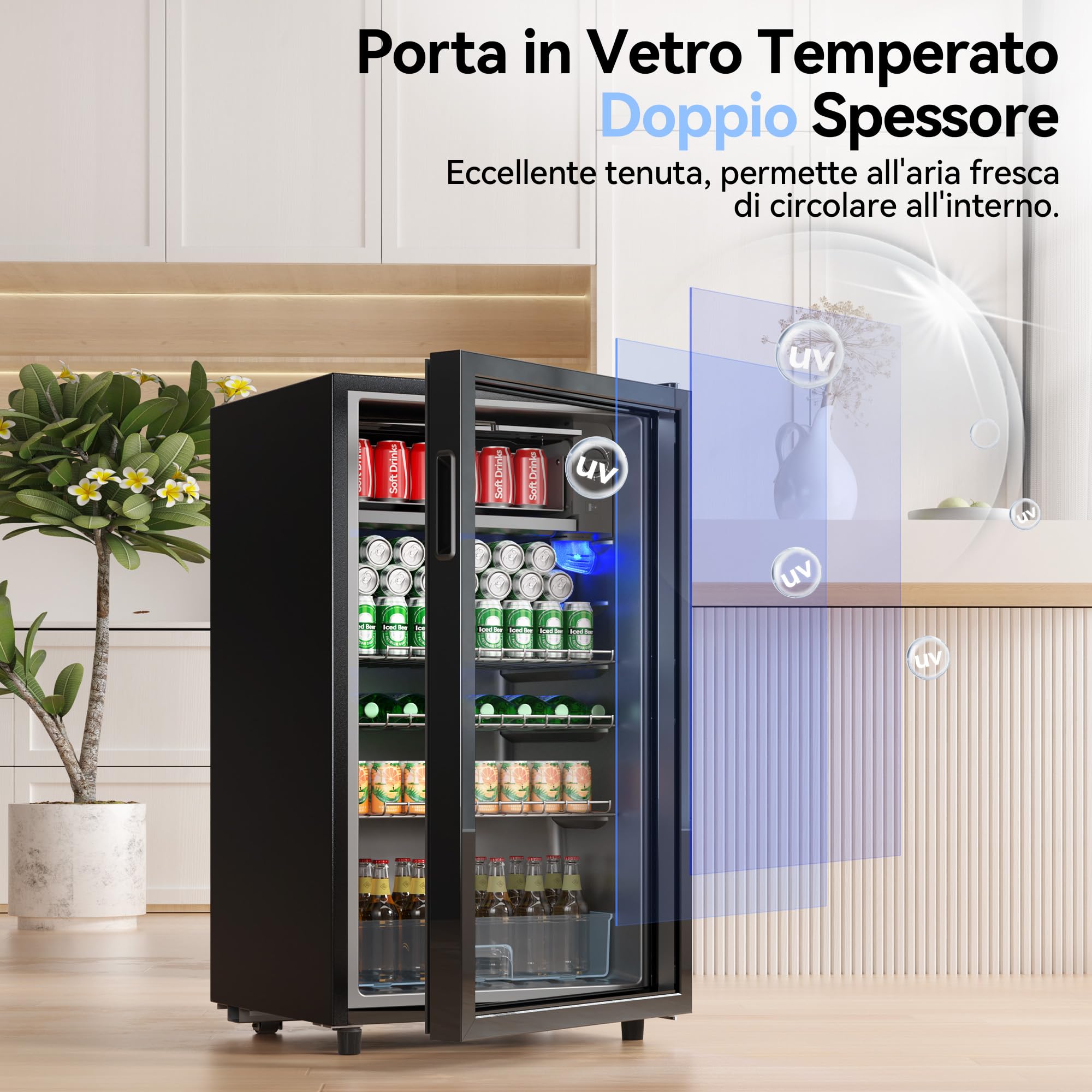 JUMMICO Frigorifero per bevande, 93 l, piccolo con illuminazione LED blu, frigorifero per birra con porta di design in vetro, con 3 ripiani e portabottiglie per soda/birra/vino [Classe di efficienz