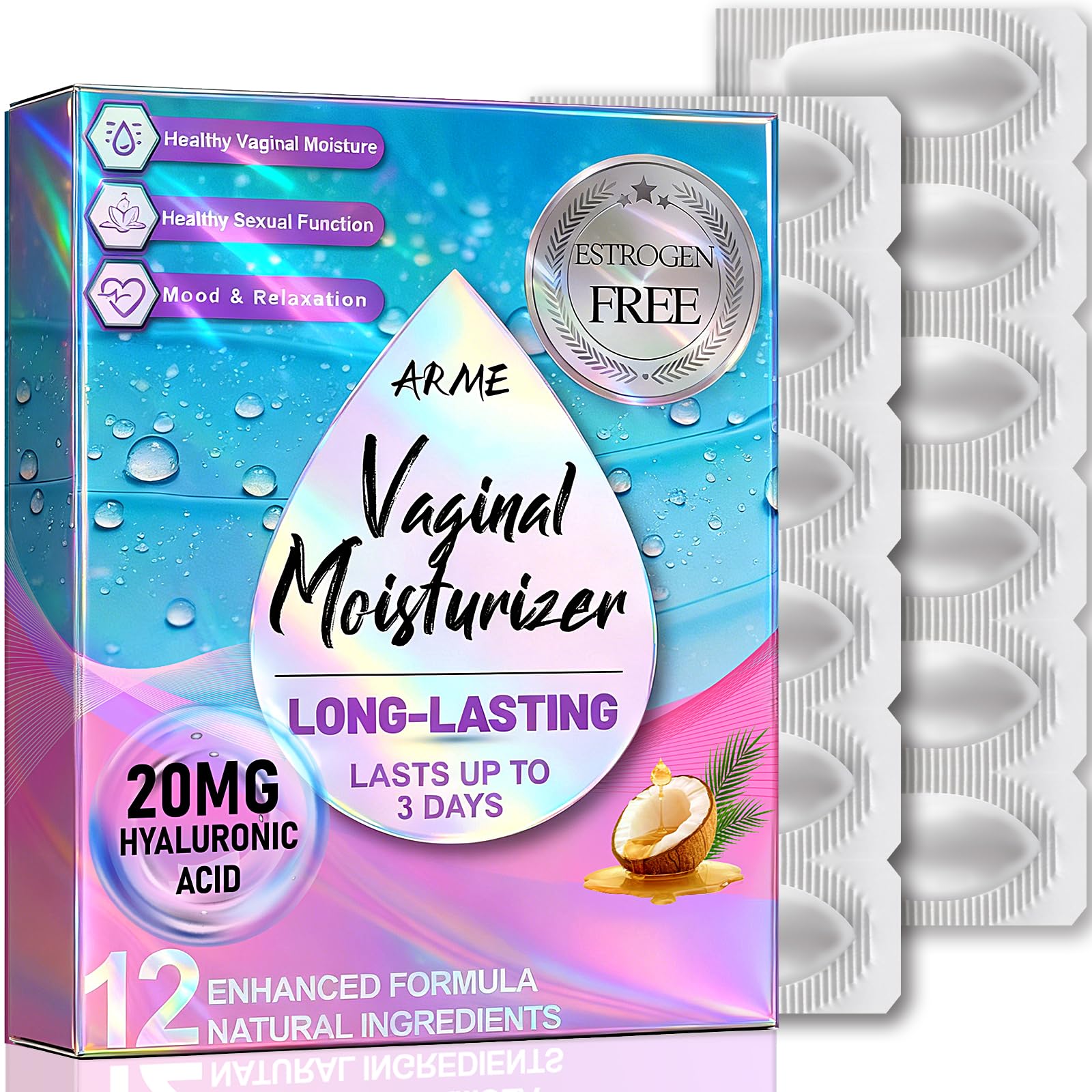 ARME 20MG Hyaluronic Acid Vaginal Moisturizers Suppositories + Coconut Oil&VE 72-Hour for Vaginal Dryness from Menopause, Surgery Hormone-Free Best Vaginal Dryness Products 1-Month Supply (12 Inserts)