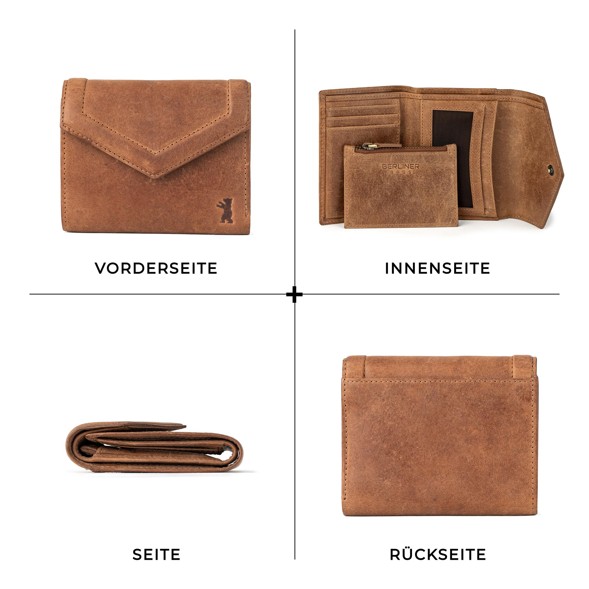 Berliner Bags Vintage Geldbörse Katy aus Leder, Stilvolles Dreifach-Portemonnaie klein mit RFID-Schutz, 7 Kartenfächern und abnehmbarem Münzfach für Damen - Braun