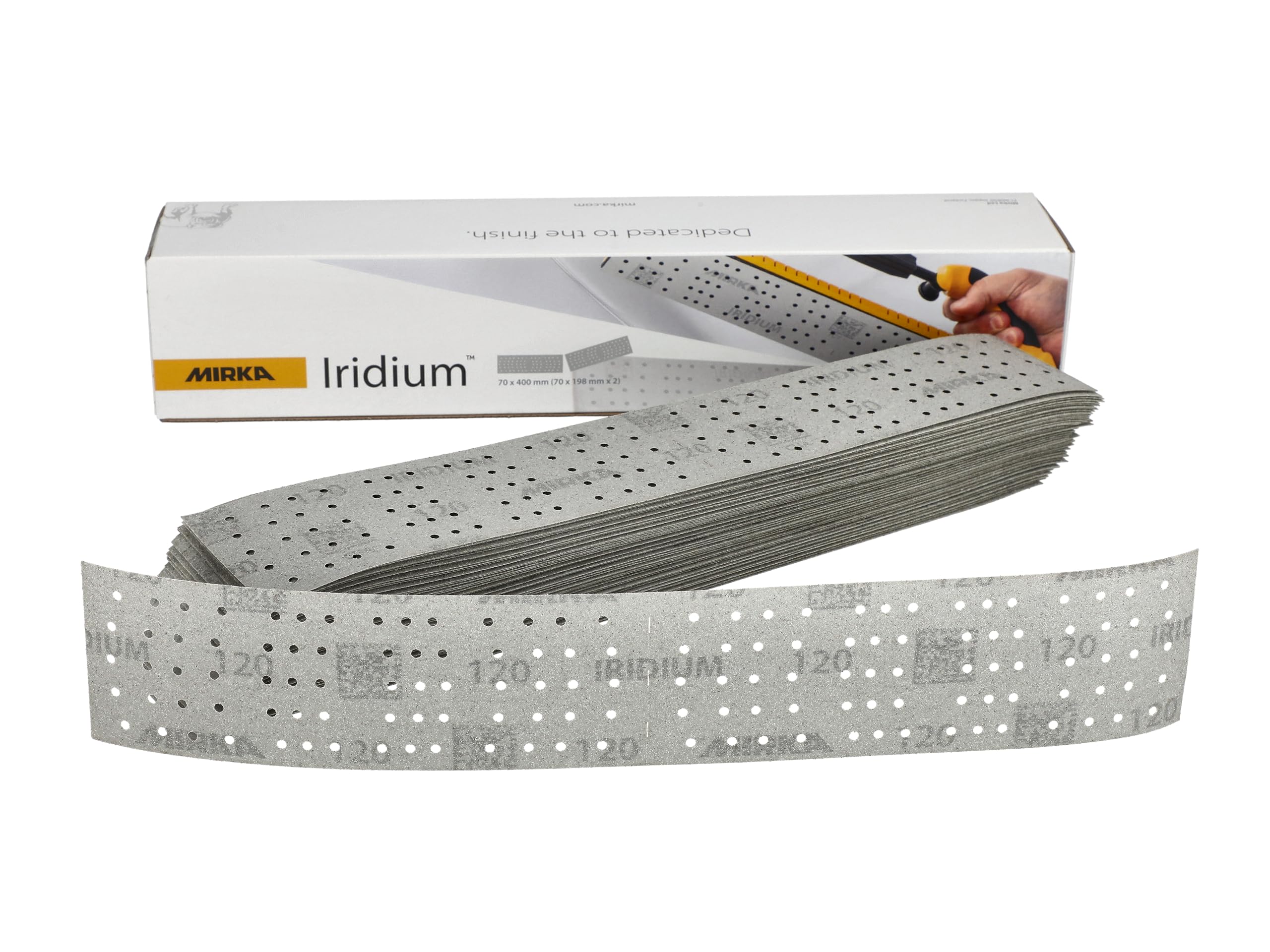 Mirka Iridium Premium Sandpaper 70x400mm and 70x198mm / Center perforated/Hook & loop/Grit 120, 50 pcs/For sanding paint, putty, primer, wood, steel, mineral materials, plastic.