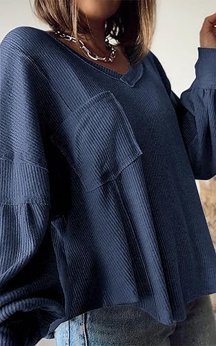 Miniatura 4 de BTFBM - Camisas de punto acanalado con cuello en V para mujer, estilo casual, para otoño, estilo túnica, holgadas, de manga larga, con globo