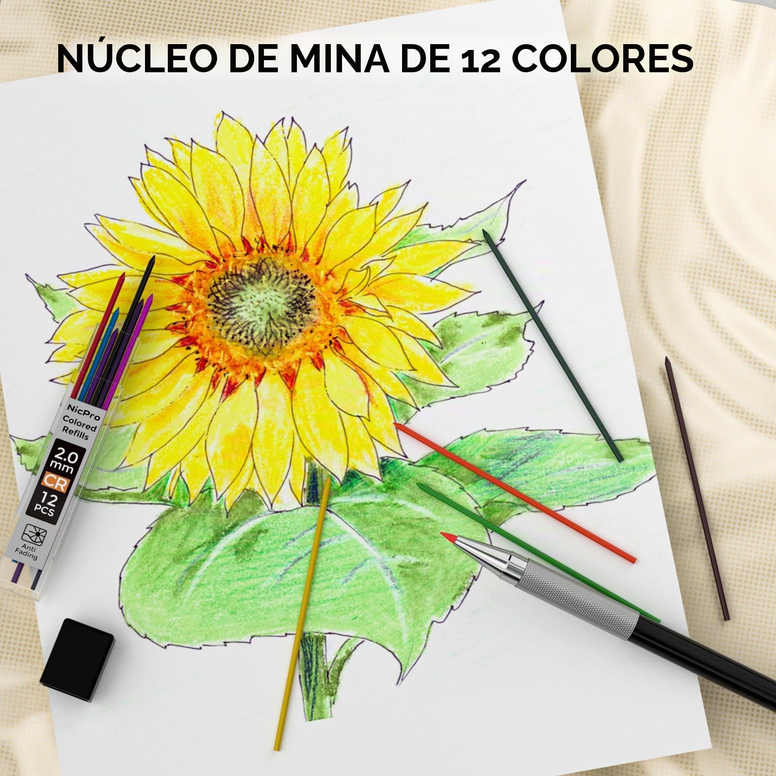 Nicpro 6 piezas portaminas de metal negro en estuche de cuero, lápiz de dibujo artístico 0.3 0.5 0.7 0.9 y 2 mm para escribir bocetos, incluye 18 tubos de recargas (6B 4B 2B HB 2H 4H colores)