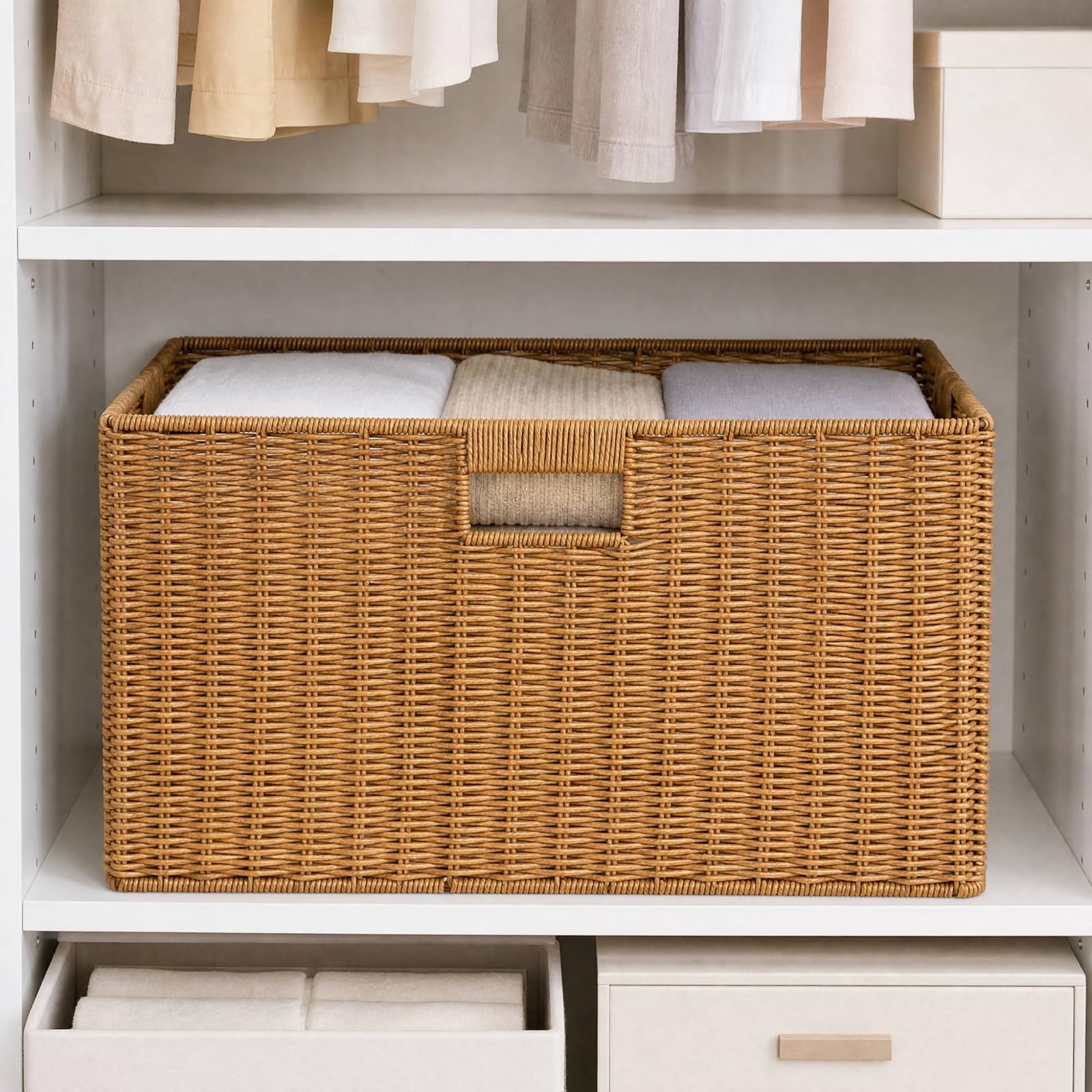Cesta Ratán Sintético sin Montaje Cesto Almacenaje con Bor Reforzado Resistente para Dormitorio, Armario, Mudanzas, Café Claro, 49x35x31cm
