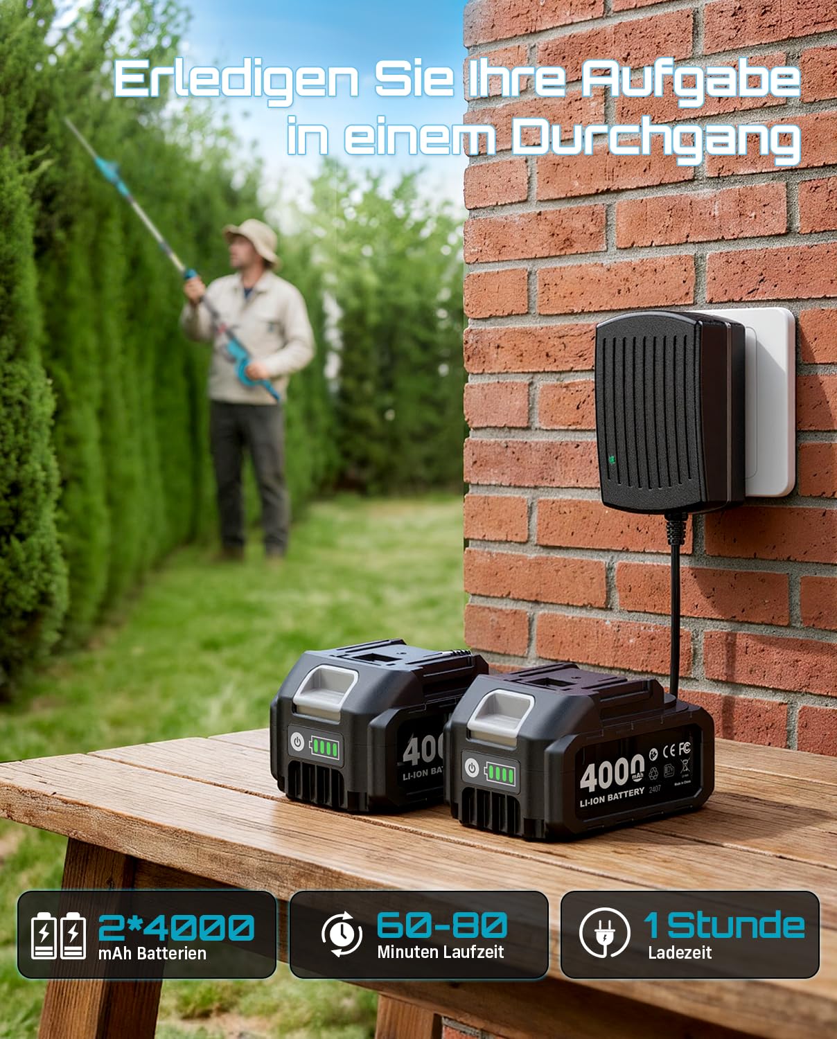 SEESII Teleskop Heckenschere Akku 20 Zoll, Leicht 3,91kg für Senioren & Frauen, 4,4m Reichweite, 600W mit 2x4000mAh Akku, 135° Schwenkkopf, Elektrische Heckentrimmer Langstiel für Hohe Hecken