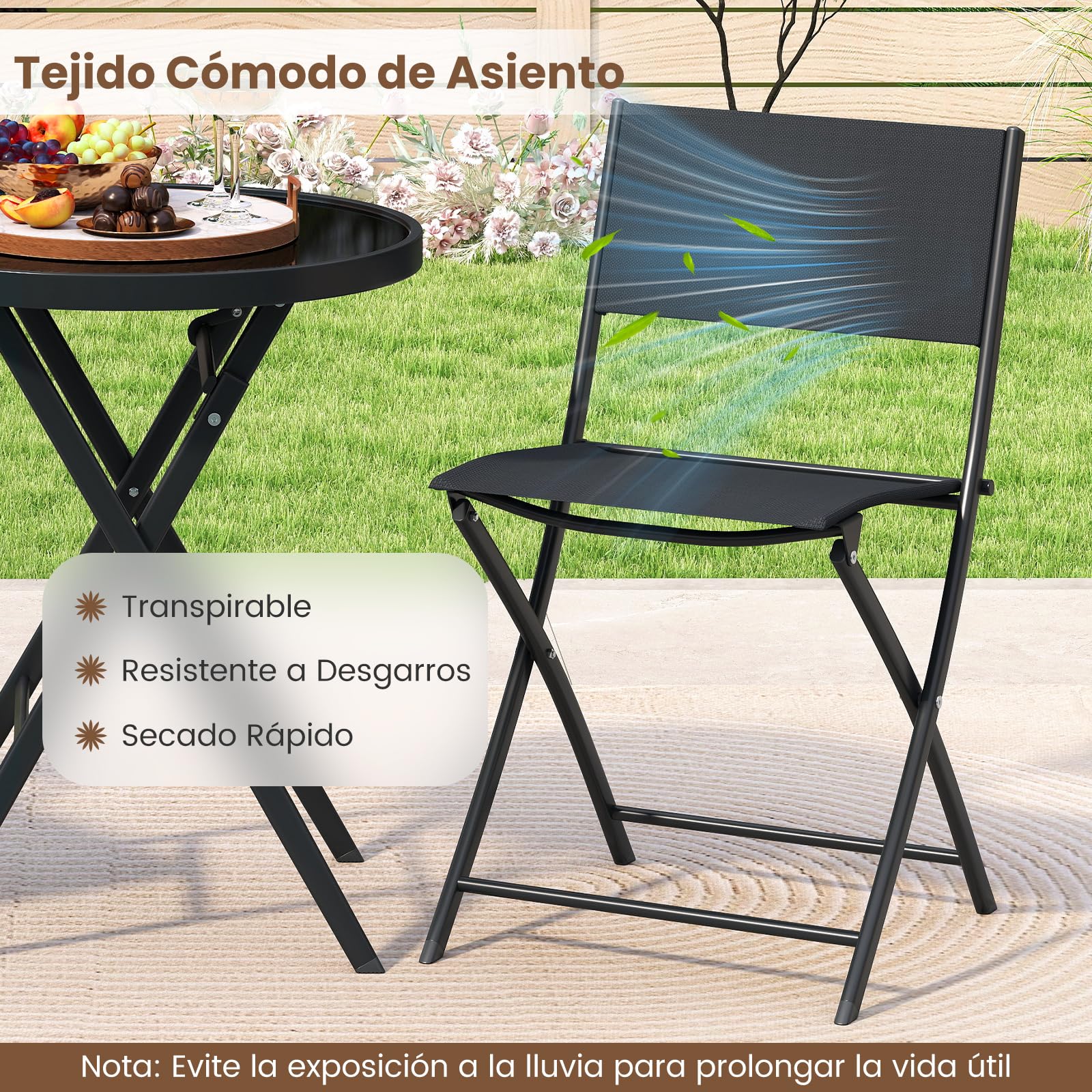 COSTWAY Conjunto Mesa y Sillas Jardin de 3 Piezas, Muebles de Comedor Plegables, Asiento de Tejido Transpirable y Mesa Redonda Tablero de Vidrio Templado, Mesa y Sillas Jardin Terraza Exterior