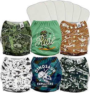 Mama Koala 3.0 Pocket Cloth Diapers for Babies with AWJ Lining, 6 Pack with 6 5-Layer Natural Cloth Diaper Inserts - Reusable and Washable Pocket Diapers(A-It's Dinosaurs)