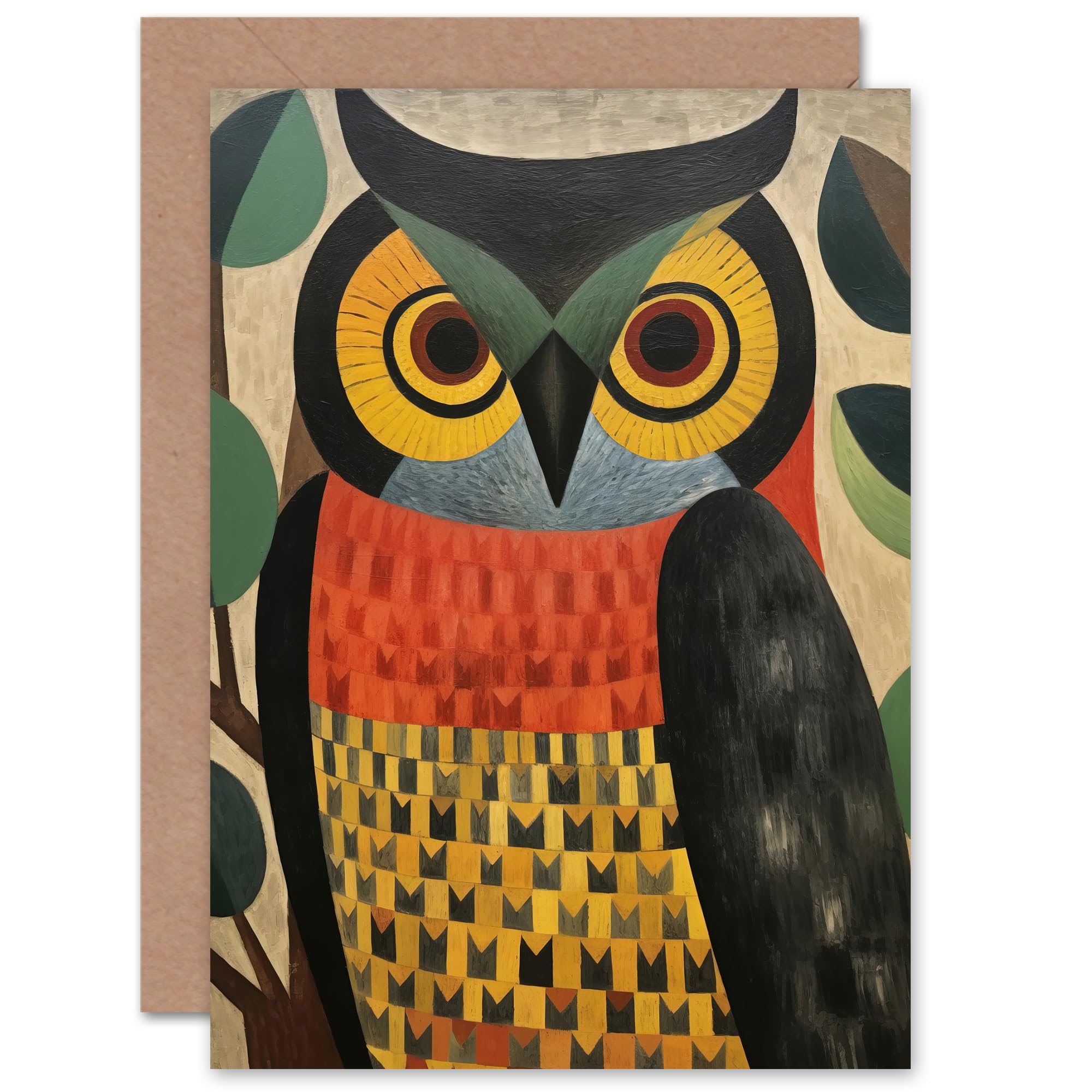 Artery8 Folk Art Geometric Owl Boho Bold for Him or Her Man Woman Birthday Thank You Congratulations Blank Art Greeting Card